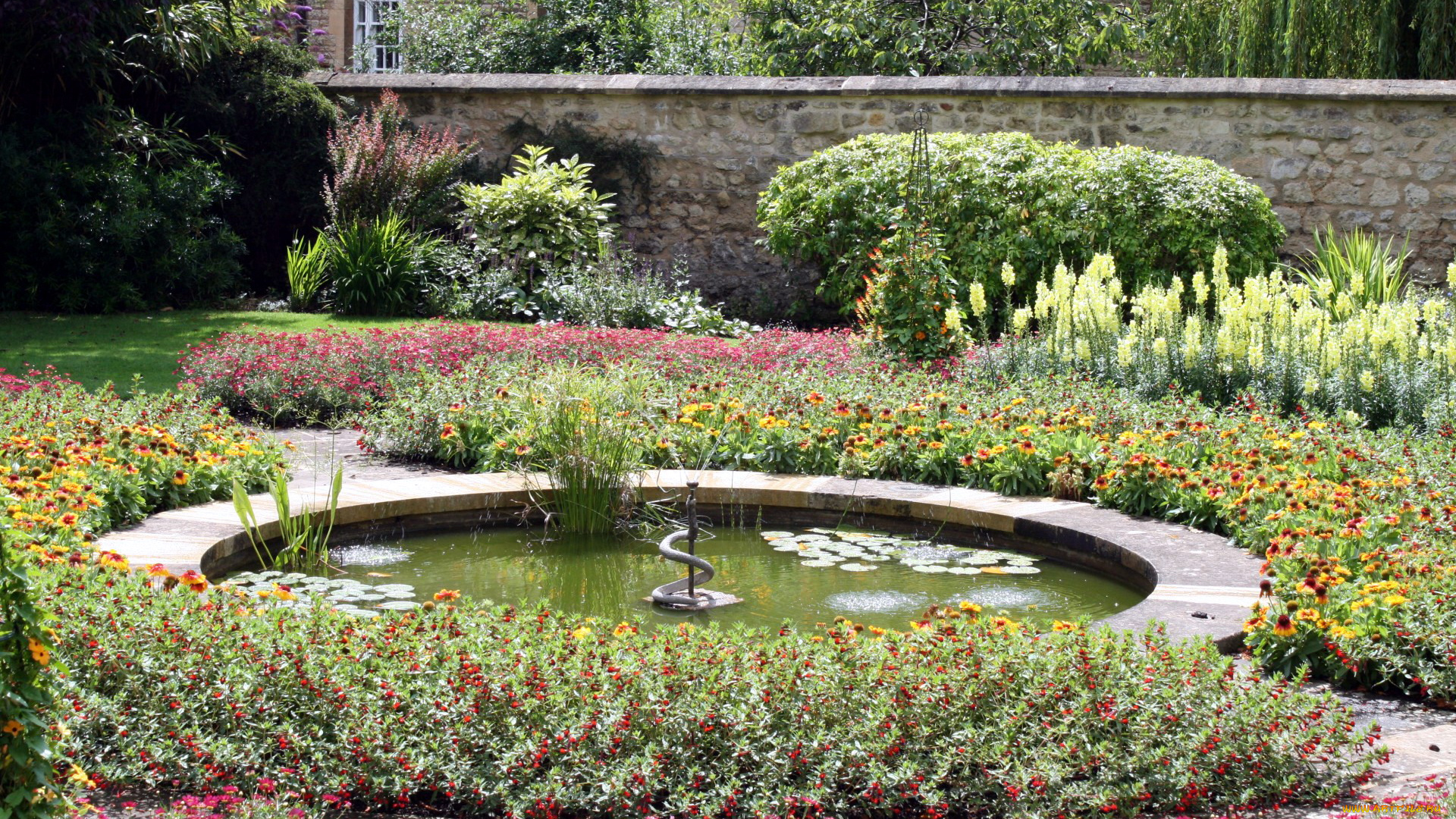 природа, парк, клумбы, фонтан, цветы