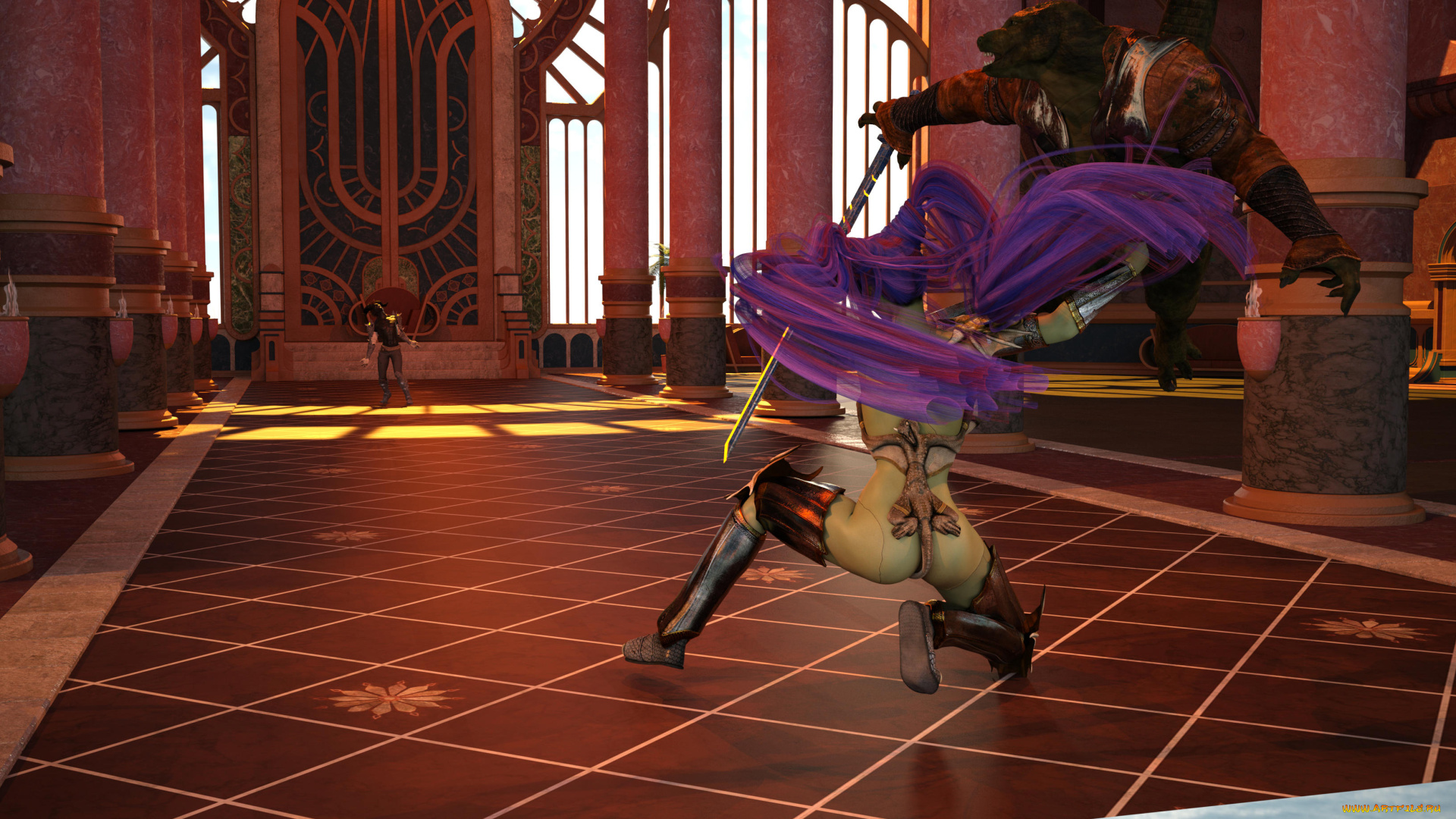 3д, графика, фантазия, , fantasy, взгляд, девушка, существа, оружие, фон