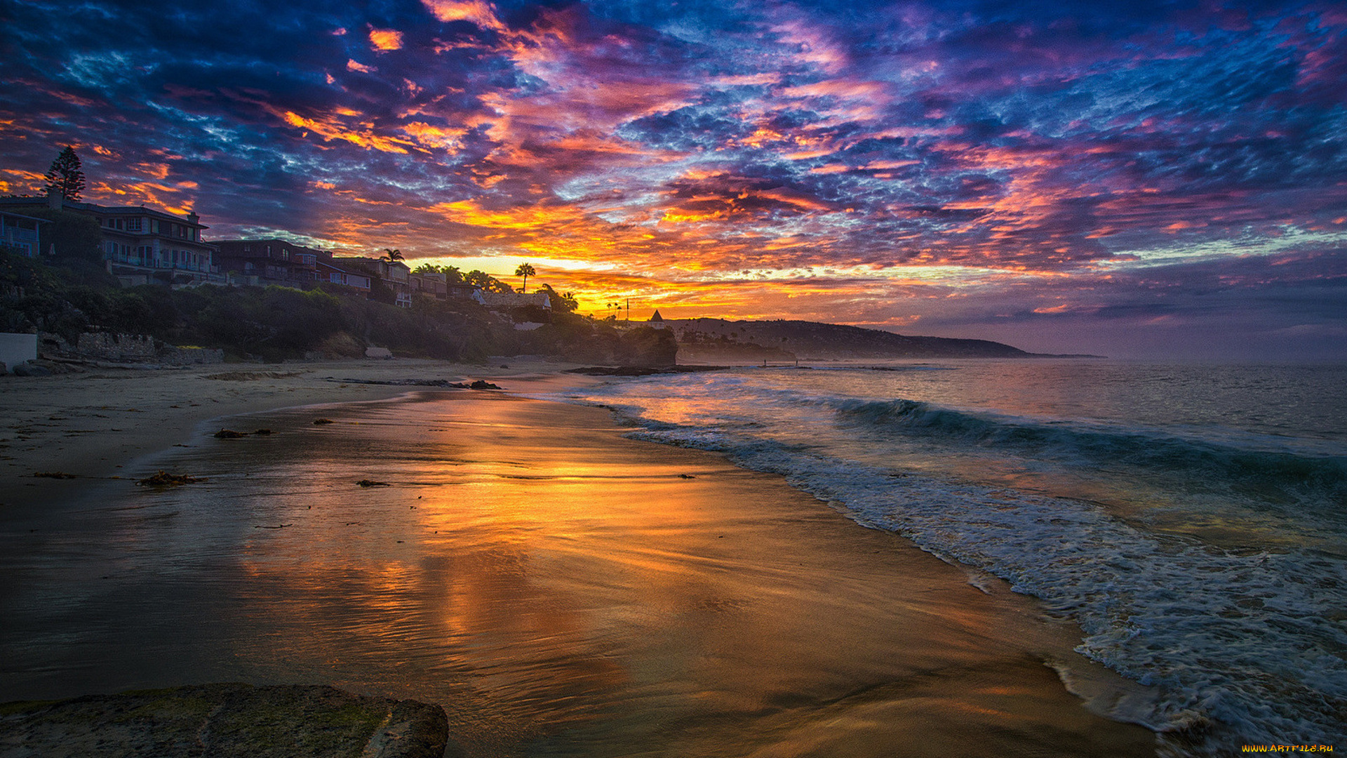 города, -, пейзажи, берег, море, закат, облака, небо, поселок, дома