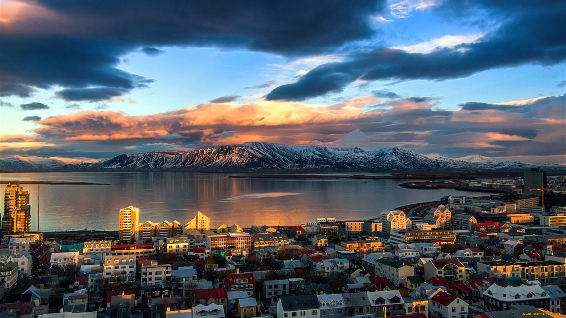 города, рейкьявик, , исландия, залив, город, горы