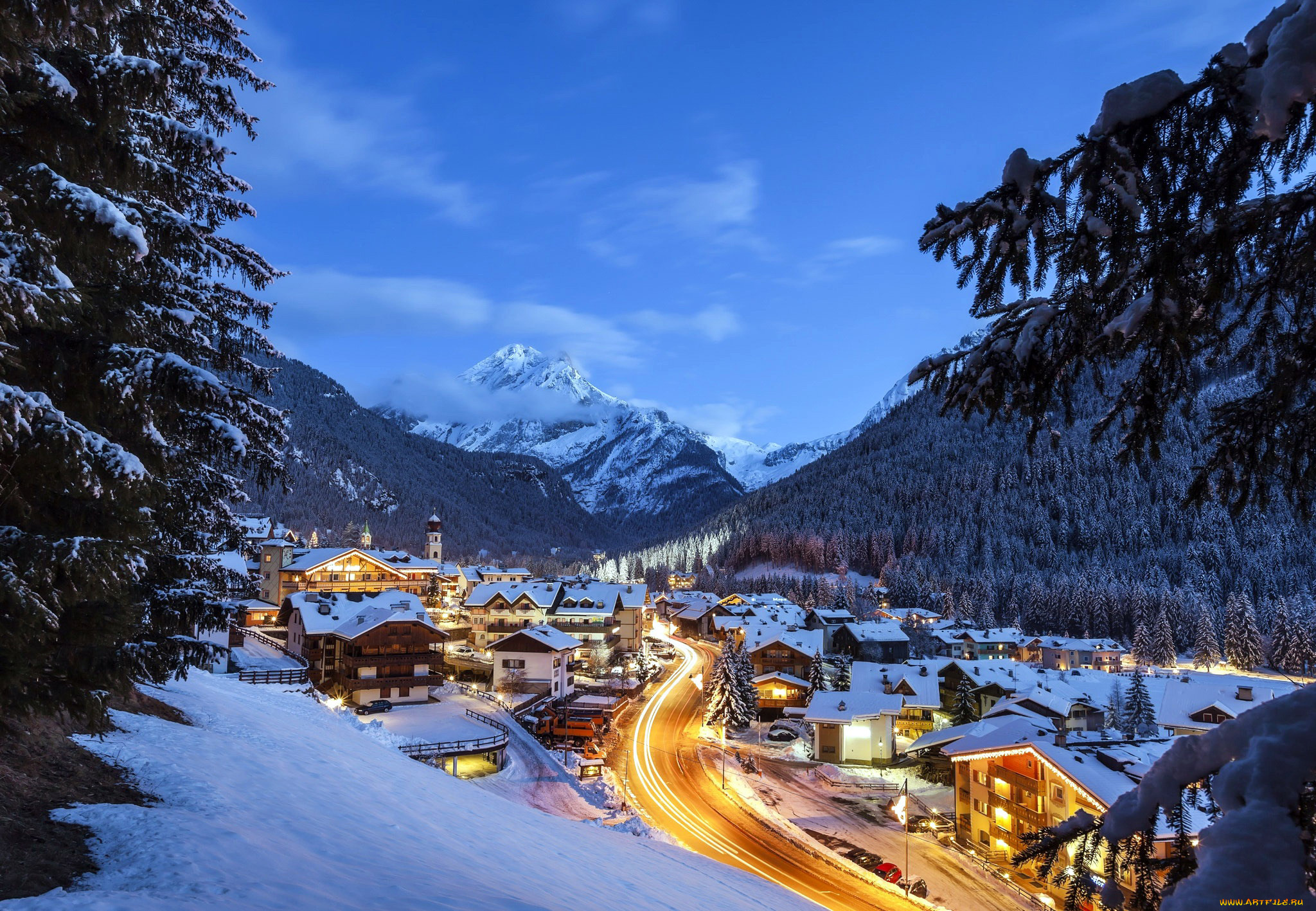 города, -, пейзажи, огни, вечер, зима, горы