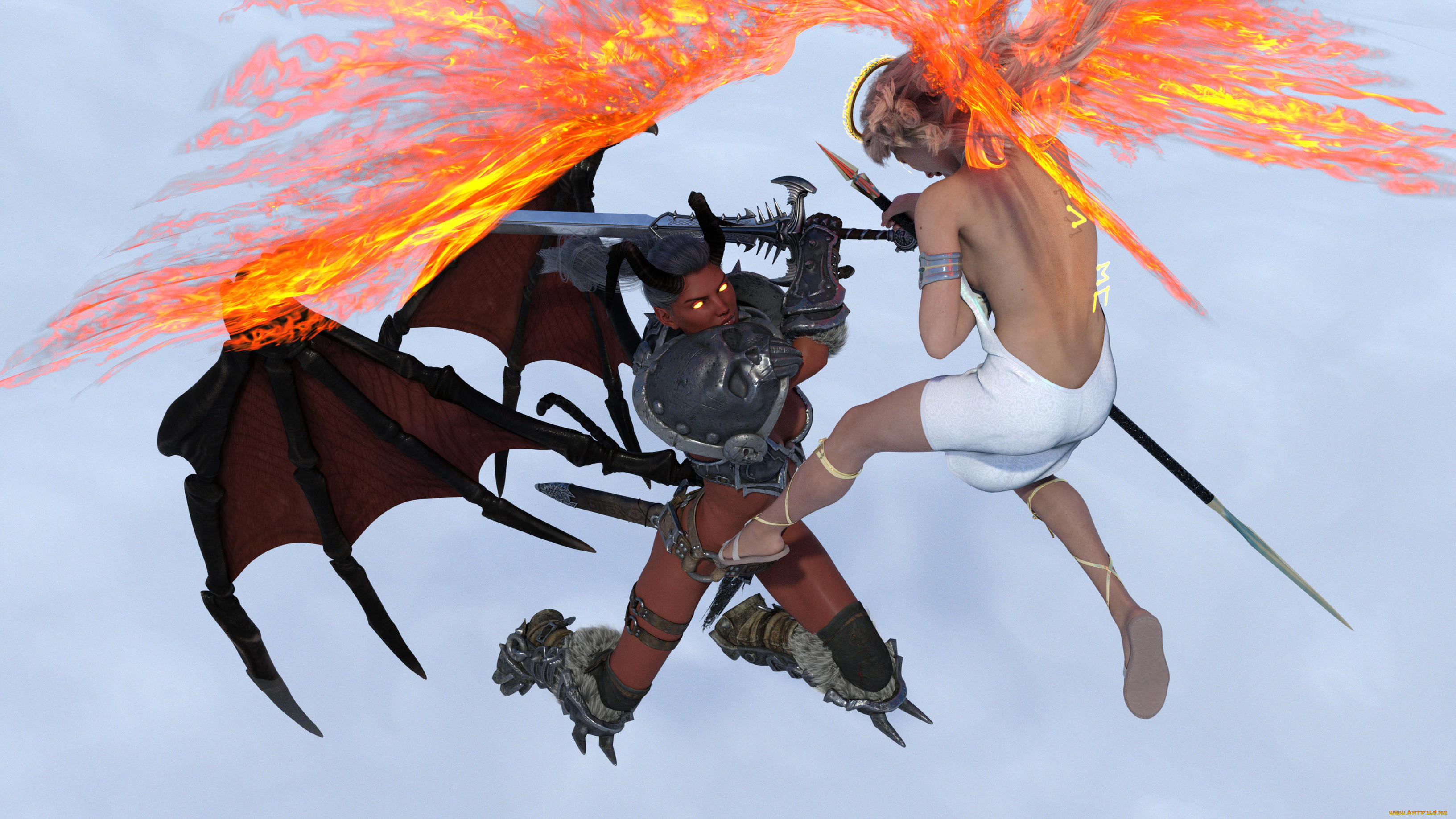 3д, графика, фантазия, , fantasy, демон, ангел, фон, взгляд, девушка