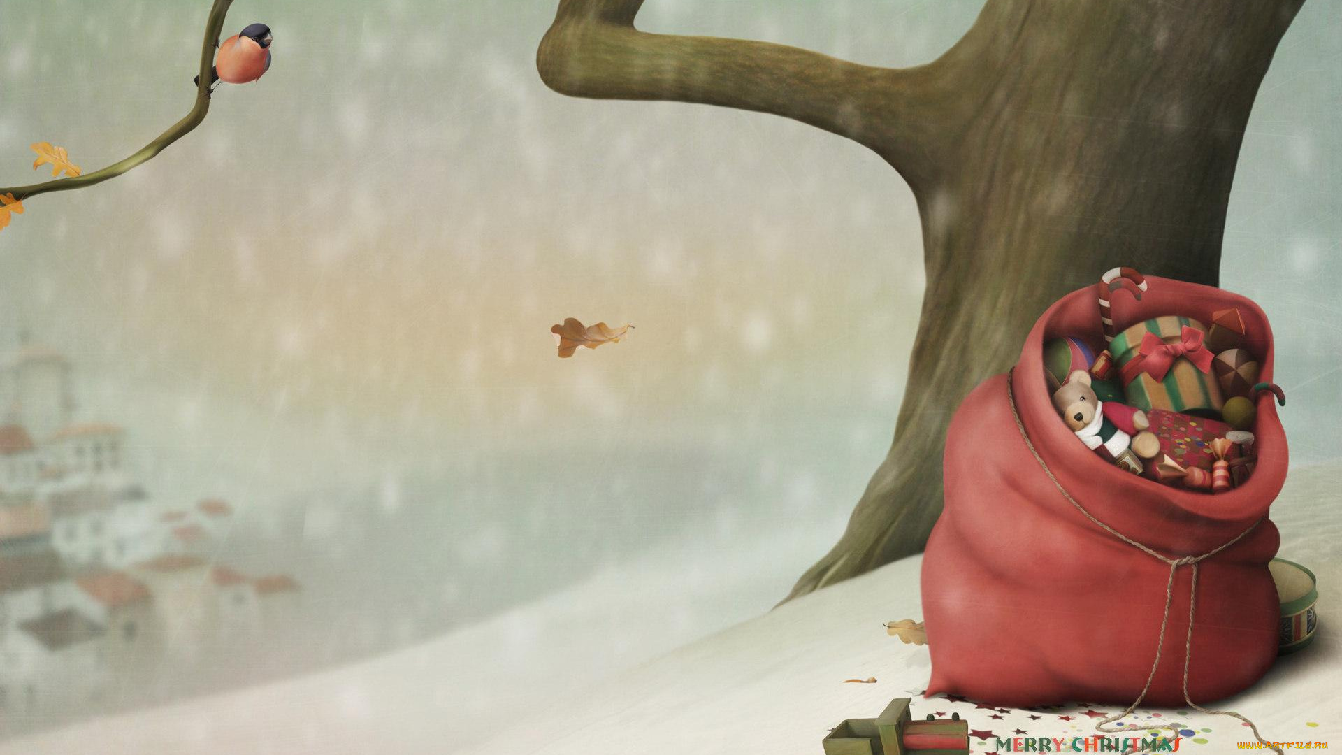 праздничные, -, разное, , новый, год, снег, снегирь, дерево, подарки, мешок