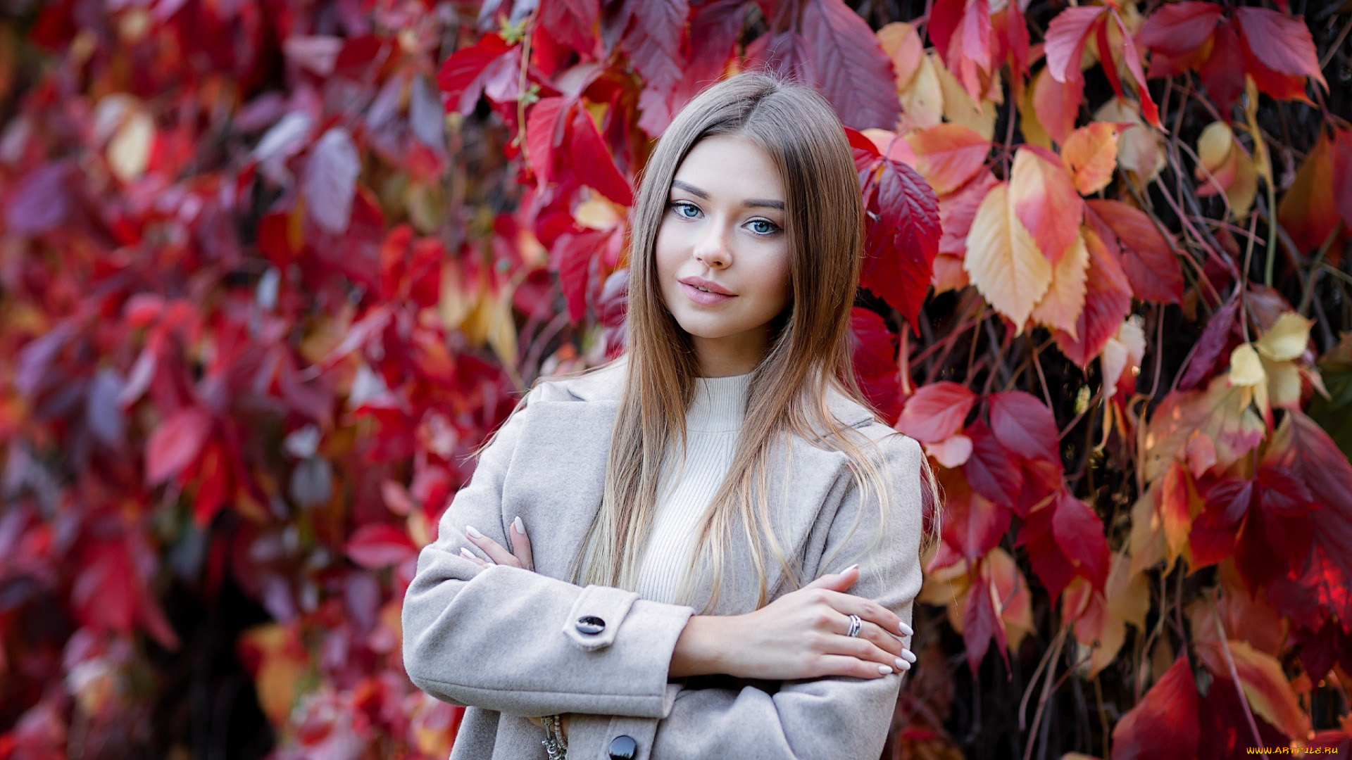 девушки, полина, костюк, плющ, осень, шатенка, листья, пальто, поза