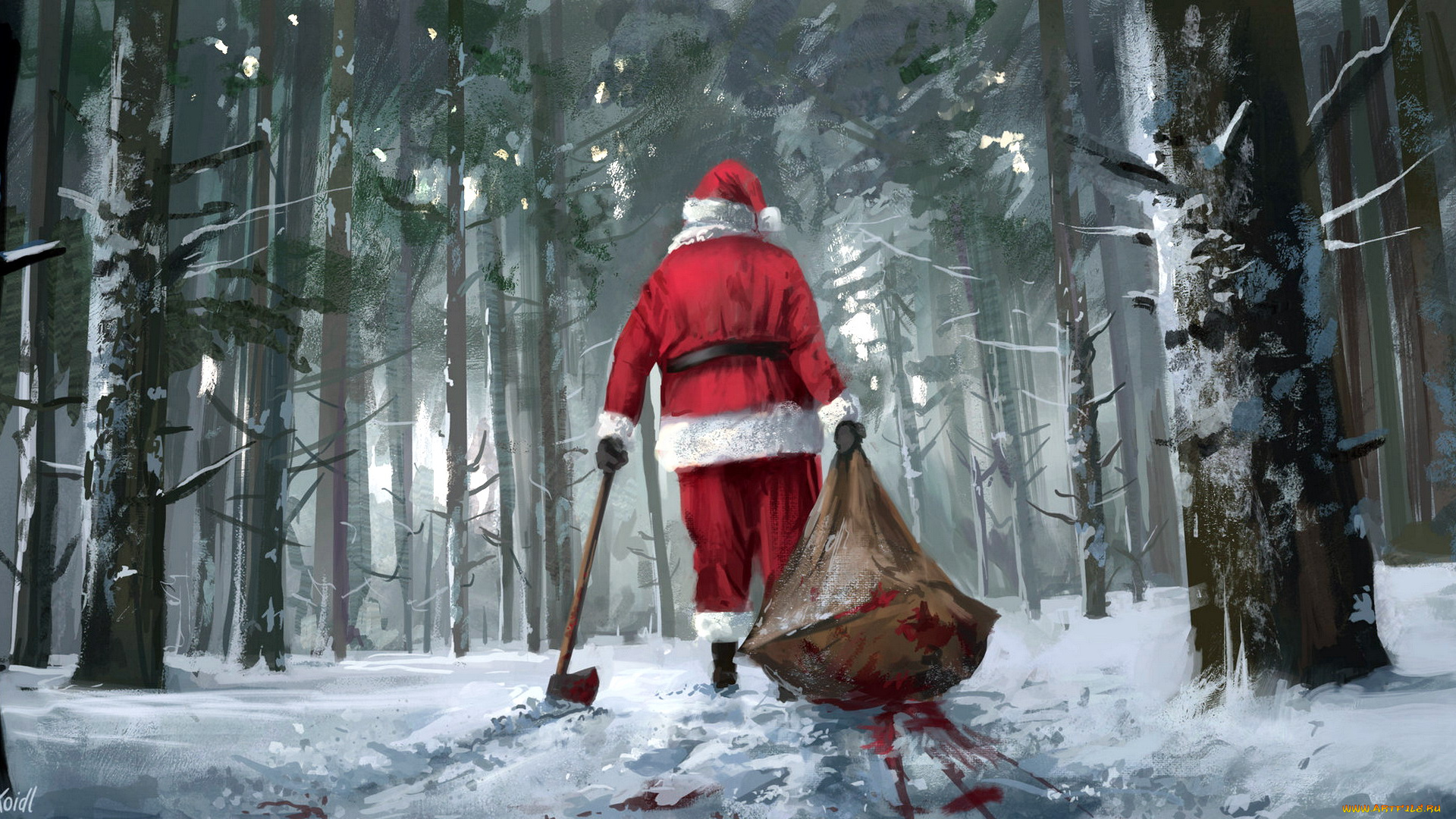 фэнтези, существа, санта, клаус, топор, мешок, кровь, снег, лес