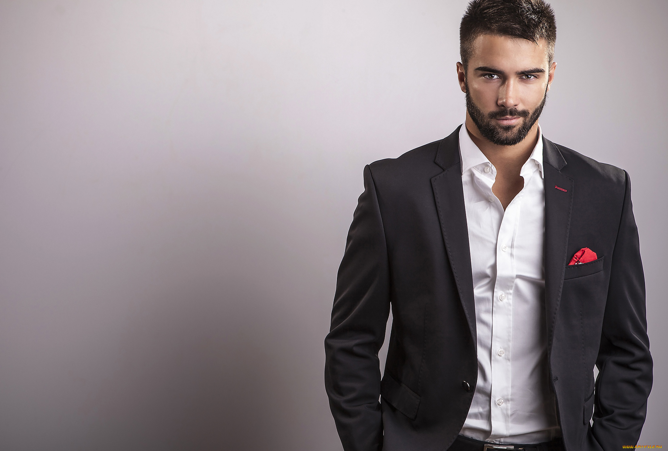 мужчины, -, unsort, костюм, cерый, фон, взгляд, бoрoда, рубашка, cтудия