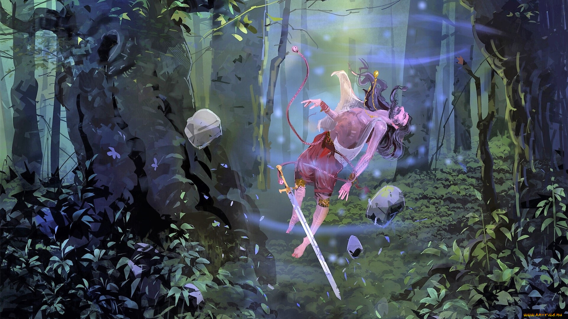 фэнтези, магия, лес, человек, меч, камни, левитация