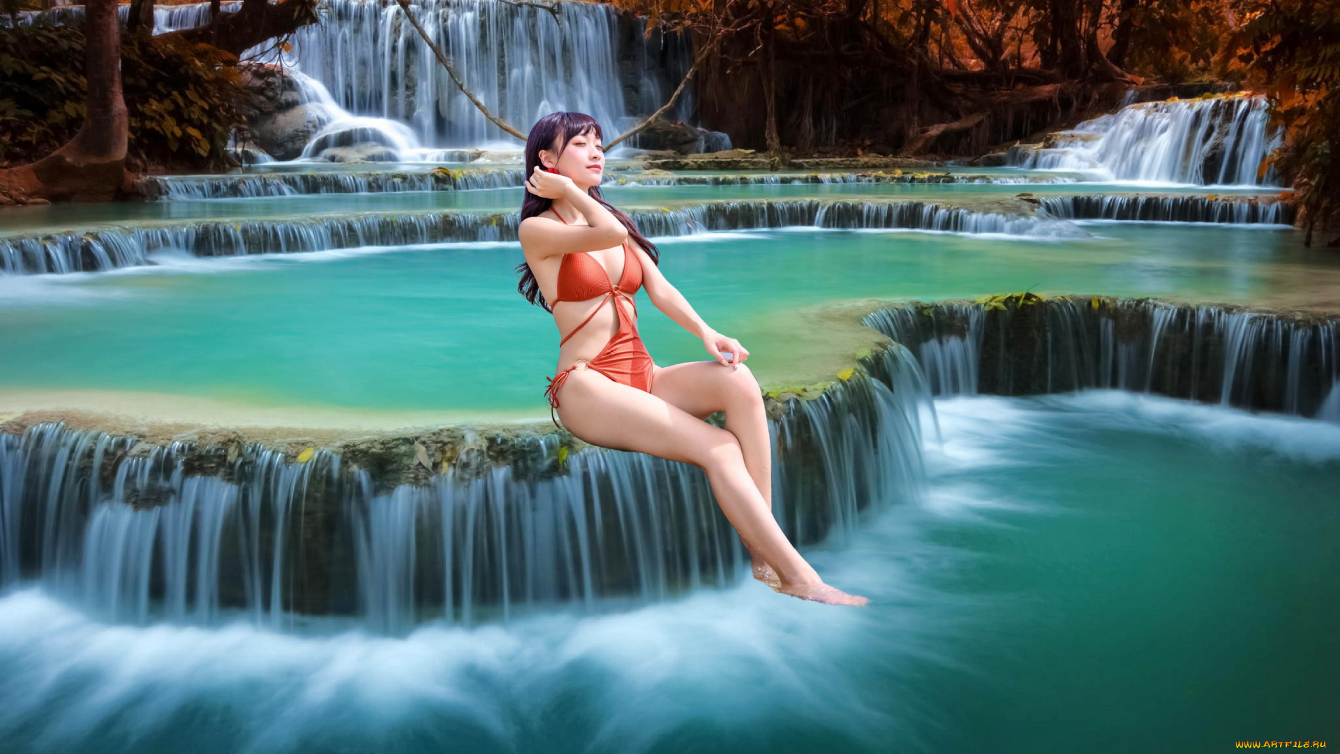 девушки, -, азиатки, азиатка, водопады, купальник
