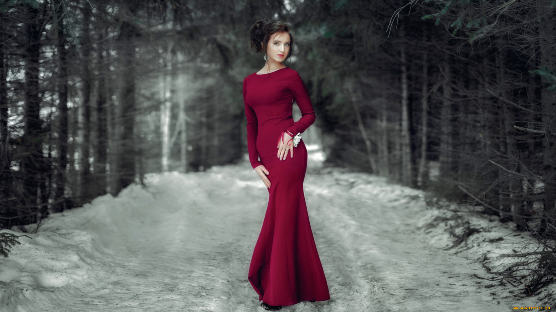 девушки, -, брюнетки, , шатенки, лес, снег, зима, брюнетка, длинное, платье