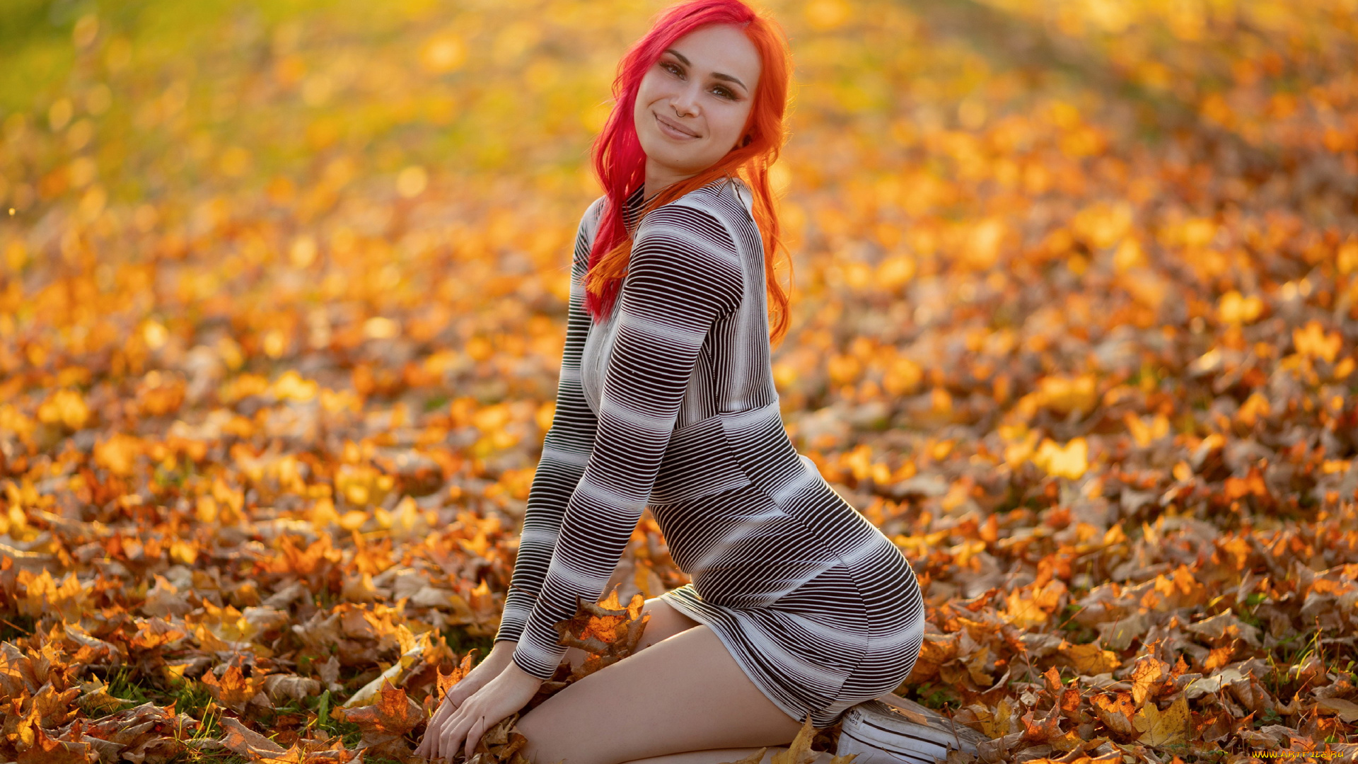 девушки, -, рыжеволосые, и, разноцветные, осень, листья, поза, платье, улыбка