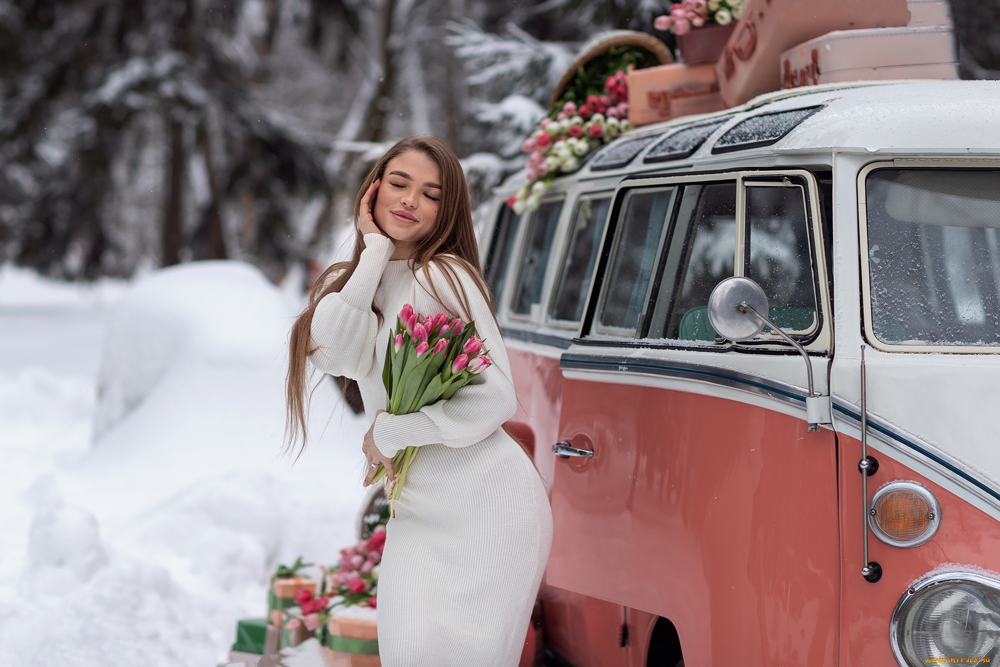 девушки, -, брюнетки, , шатенки, шатенка, белое, платье, тюльпаны