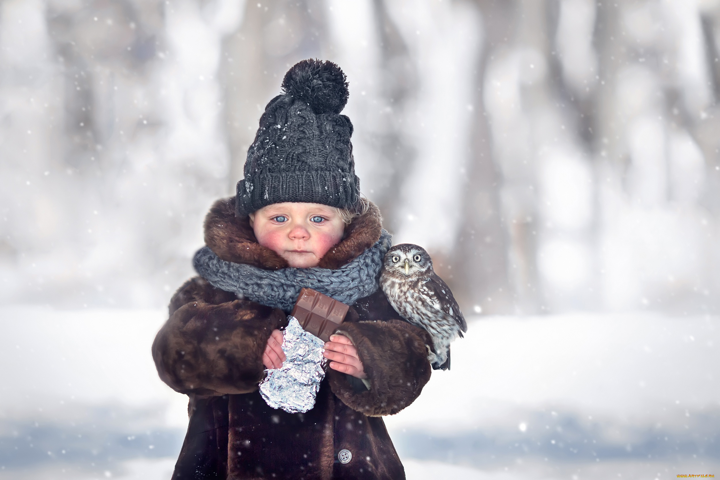 разное, дети, ребенок, шуба, шапка, шоколад, сова