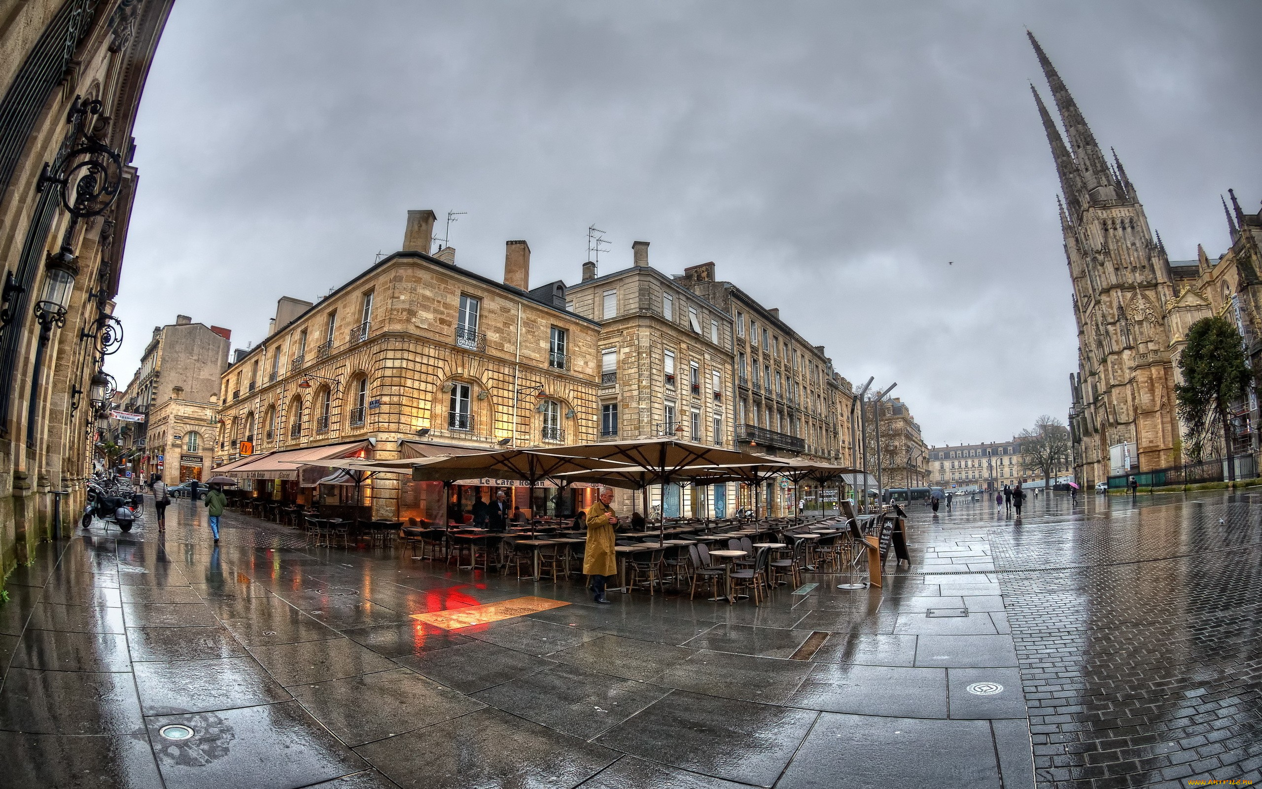 города, -, улицы, , площади, , набережные, городской, вид, здание, церковь, объектив, рыбий, глаз, франция, бордо, отражение, мокрый