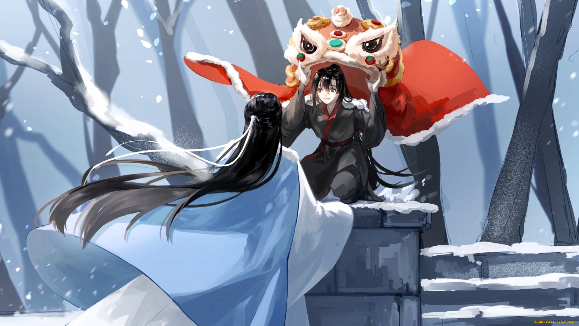 аниме, mo, dao, zu, shi, вэй, усянь, лань, ванцзи, маска, снег, лестница