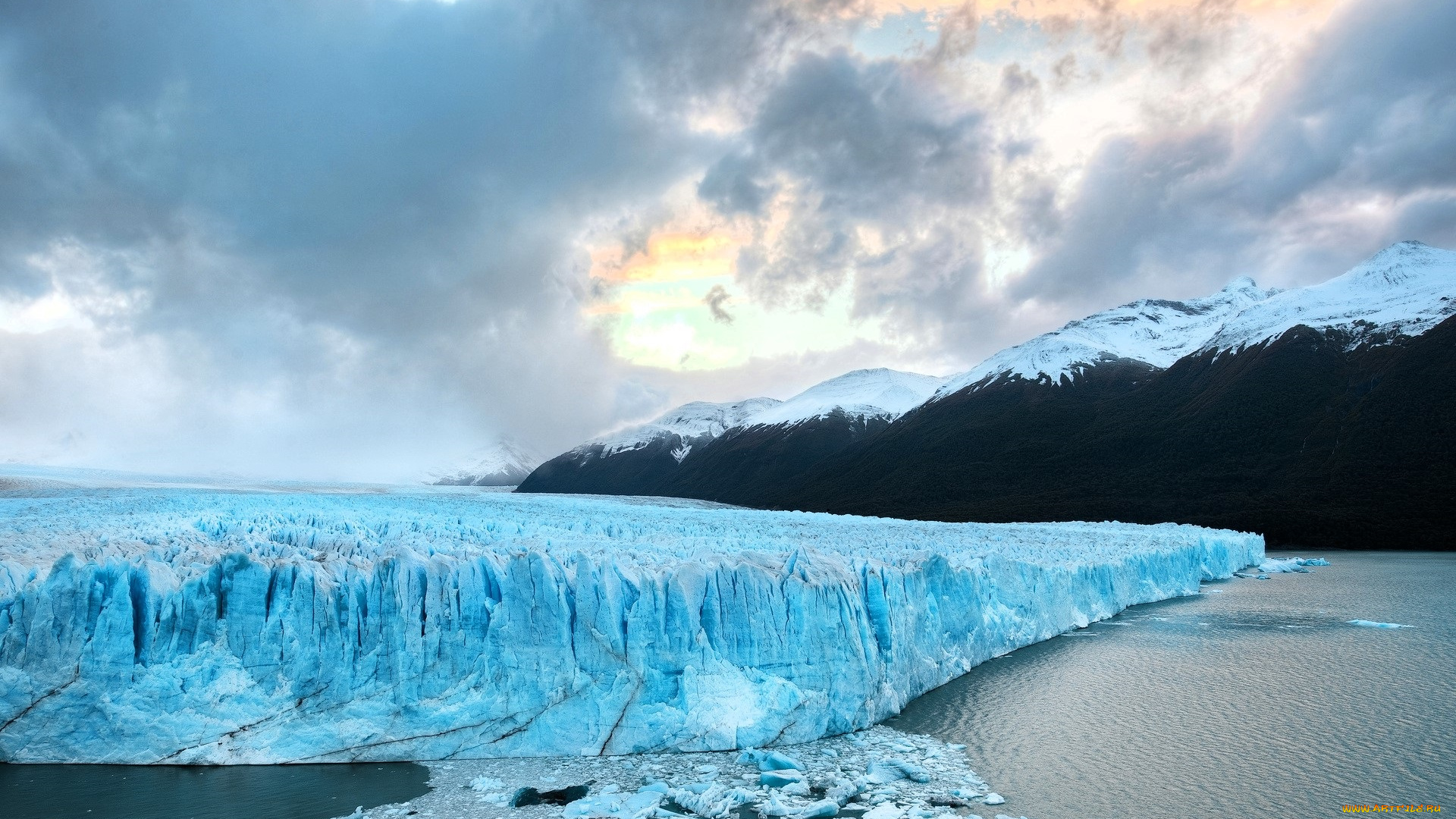 природа, айсберги, и, ледники, ледник, море, горы, небо, тучи