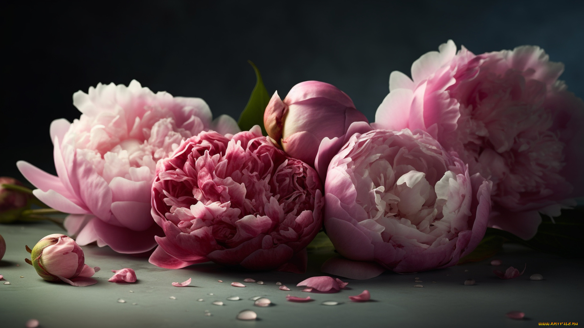 рисованное, цветы, темный, фон, букет, розовые, пионы, пышные, махровые, ии-арт