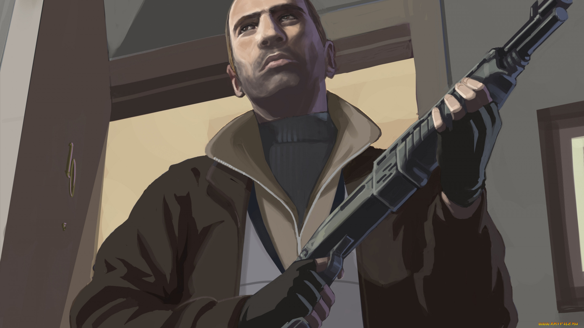 видео, игры, grand, theft, auto, iv, бандит, оружие, дверь