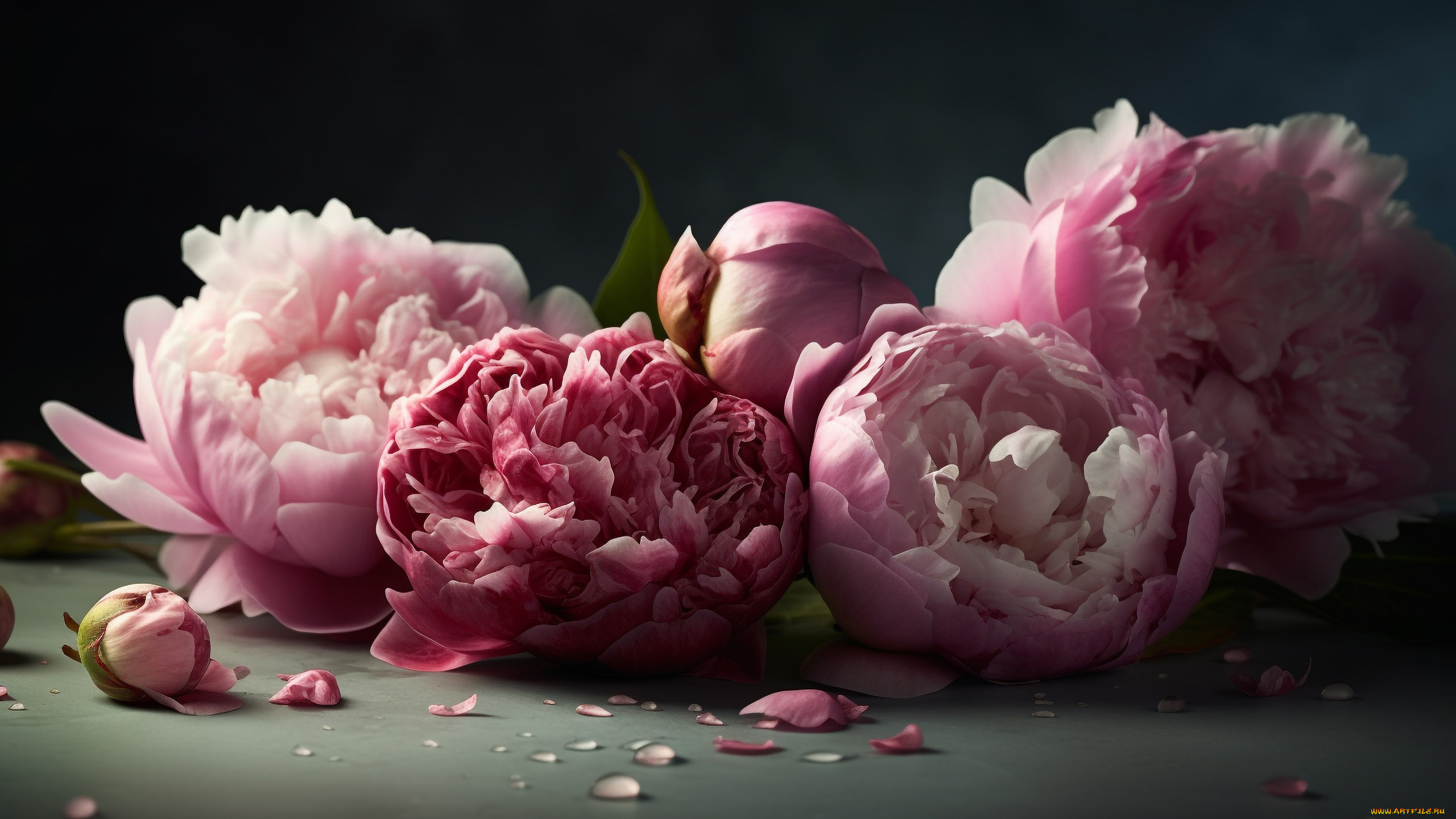 рисованное, цветы, темный, фон, букет, розовые, пионы, пышные, махровые, ии-арт