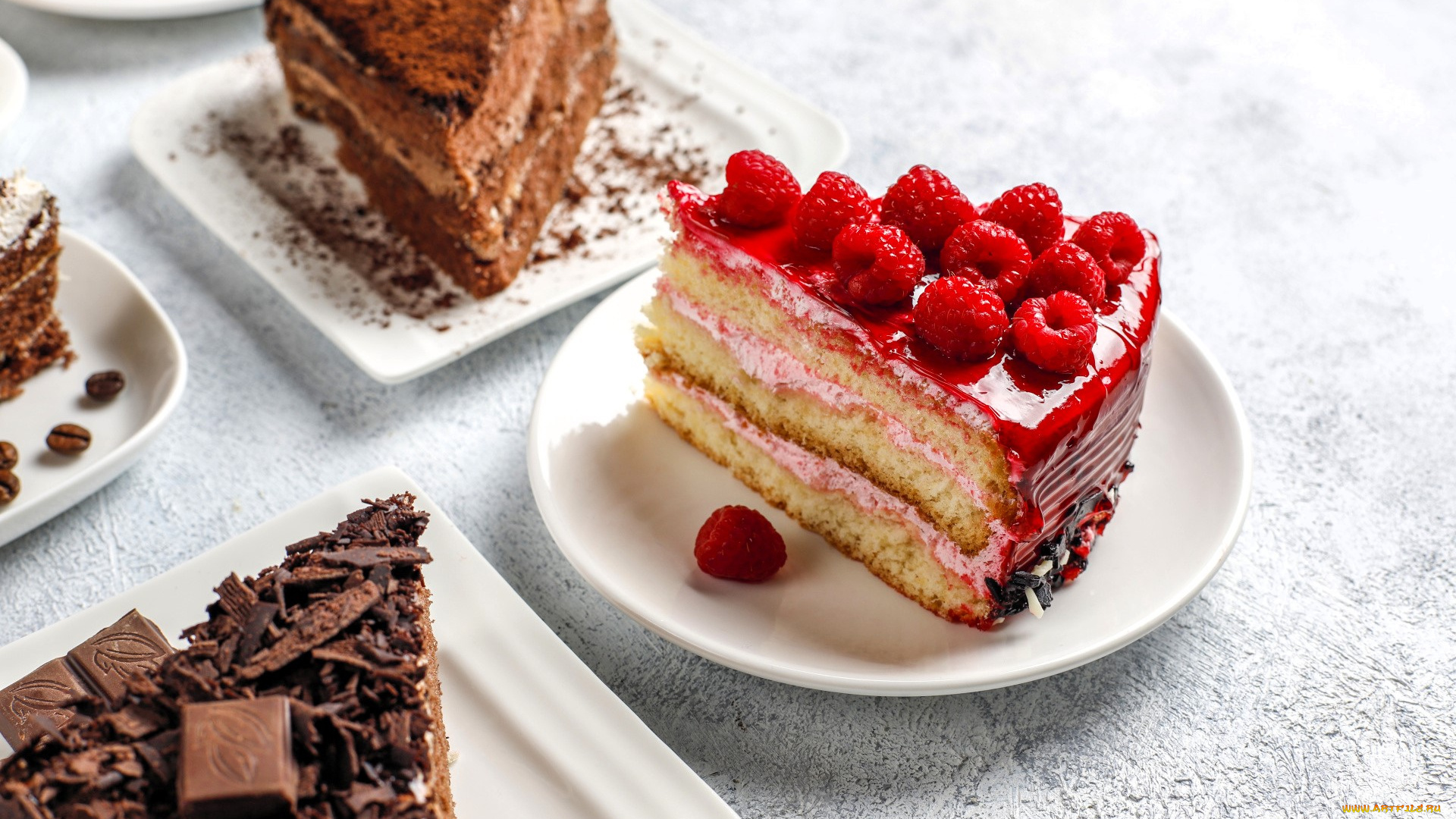 еда, торты, куски, тарелки, малина