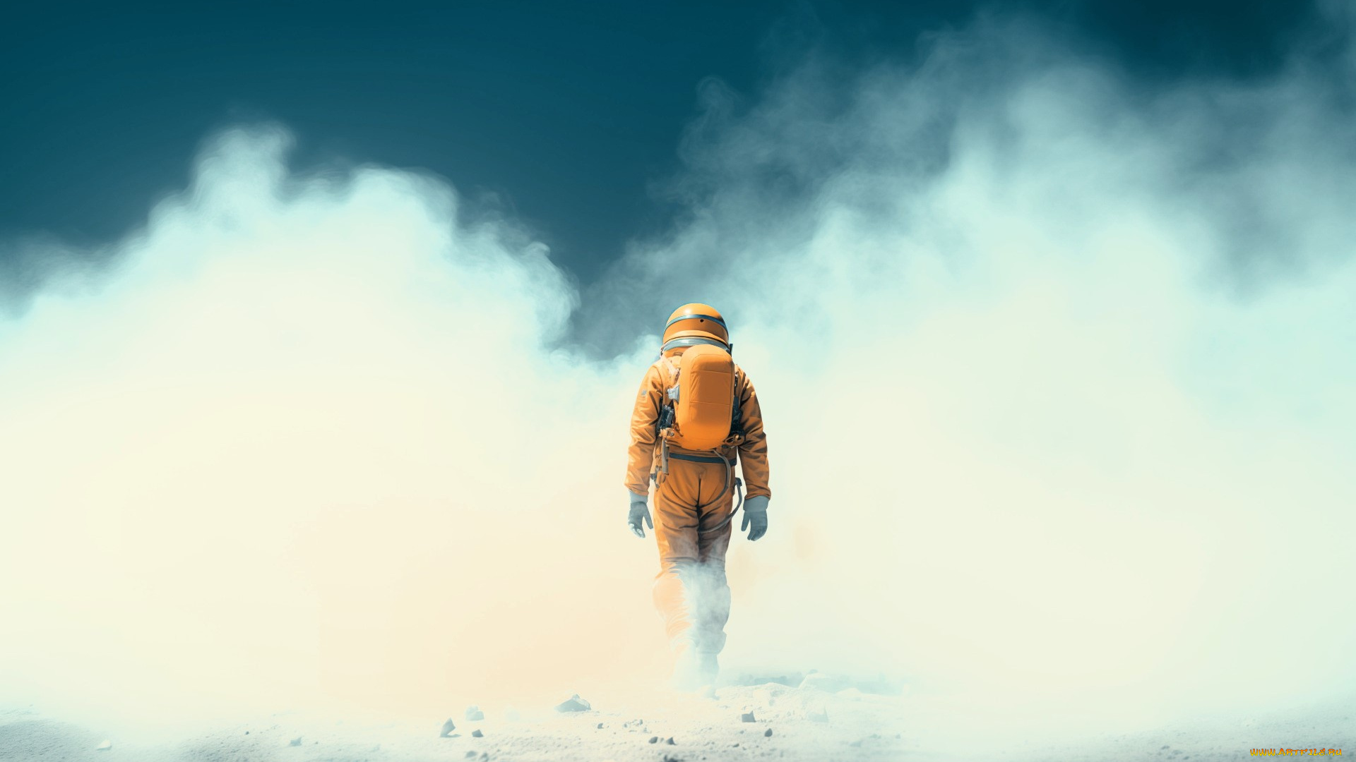 фэнтези, люди, человек, скафандр, баллон, туман