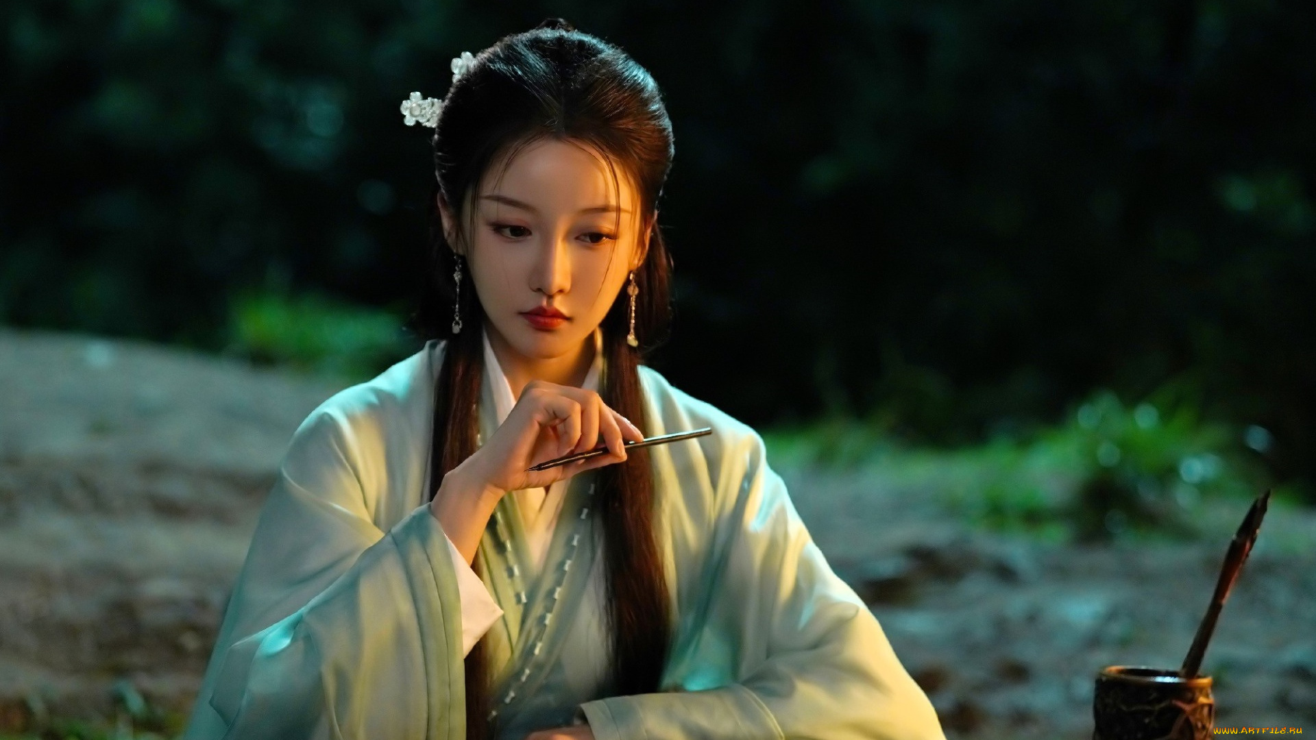 jiang, zhen, yu, девушки, -, азиатки, костюм, кисти, бумага