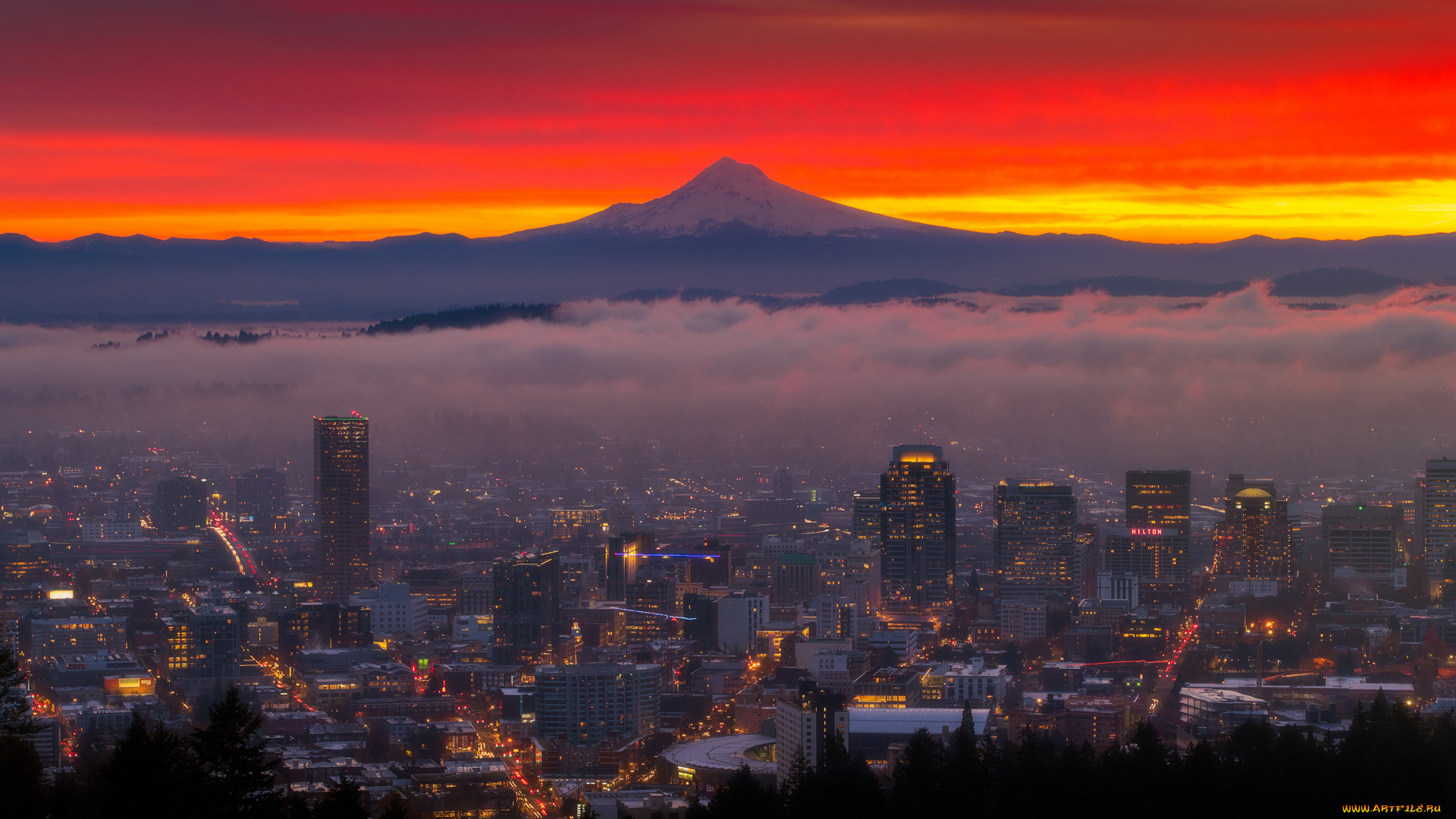 портленд, города, портленд, , сша, природа, пейзаж, туман, облака, красное, небо, город, прекрасный, вид, урбанистика, городской, дорога, огни, небоскреб, закат, здание, центр, mount, hood, oрегон