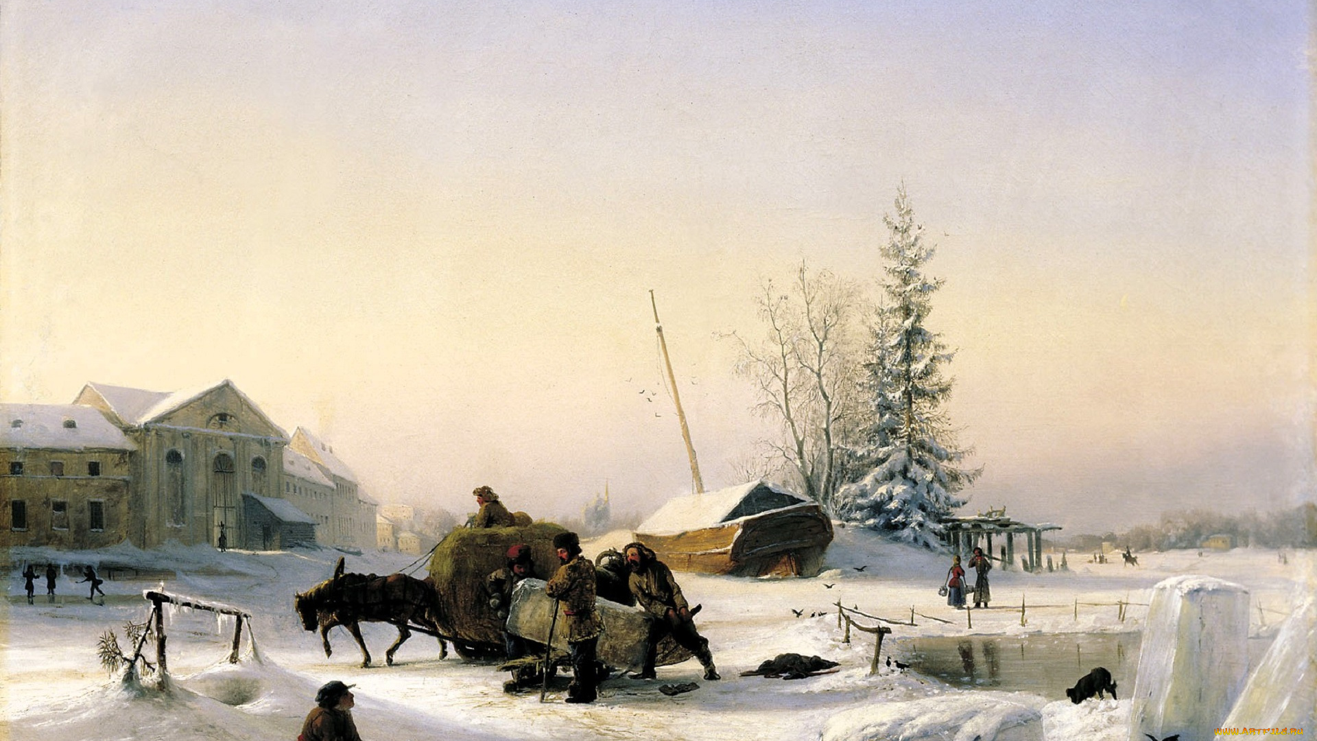 рисованное, лев, лагорио, дома, лед, прорубь, люди, телега