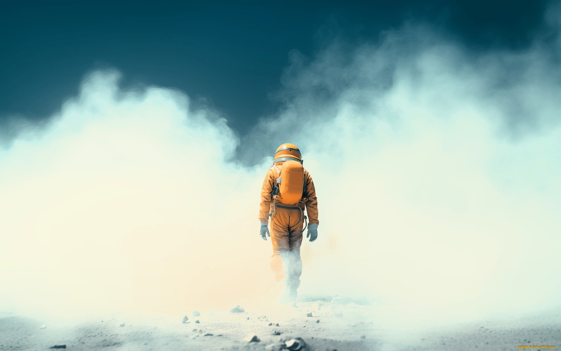 фэнтези, люди, человек, скафандр, баллон, туман