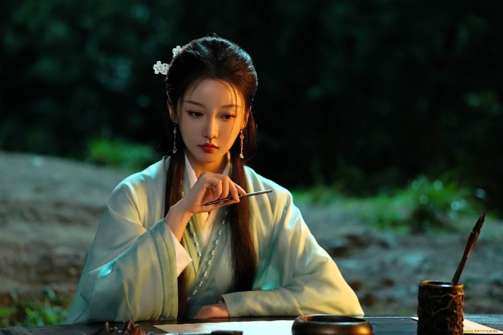 jiang, zhen, yu, девушки, -, азиатки, костюм, кисти, бумага