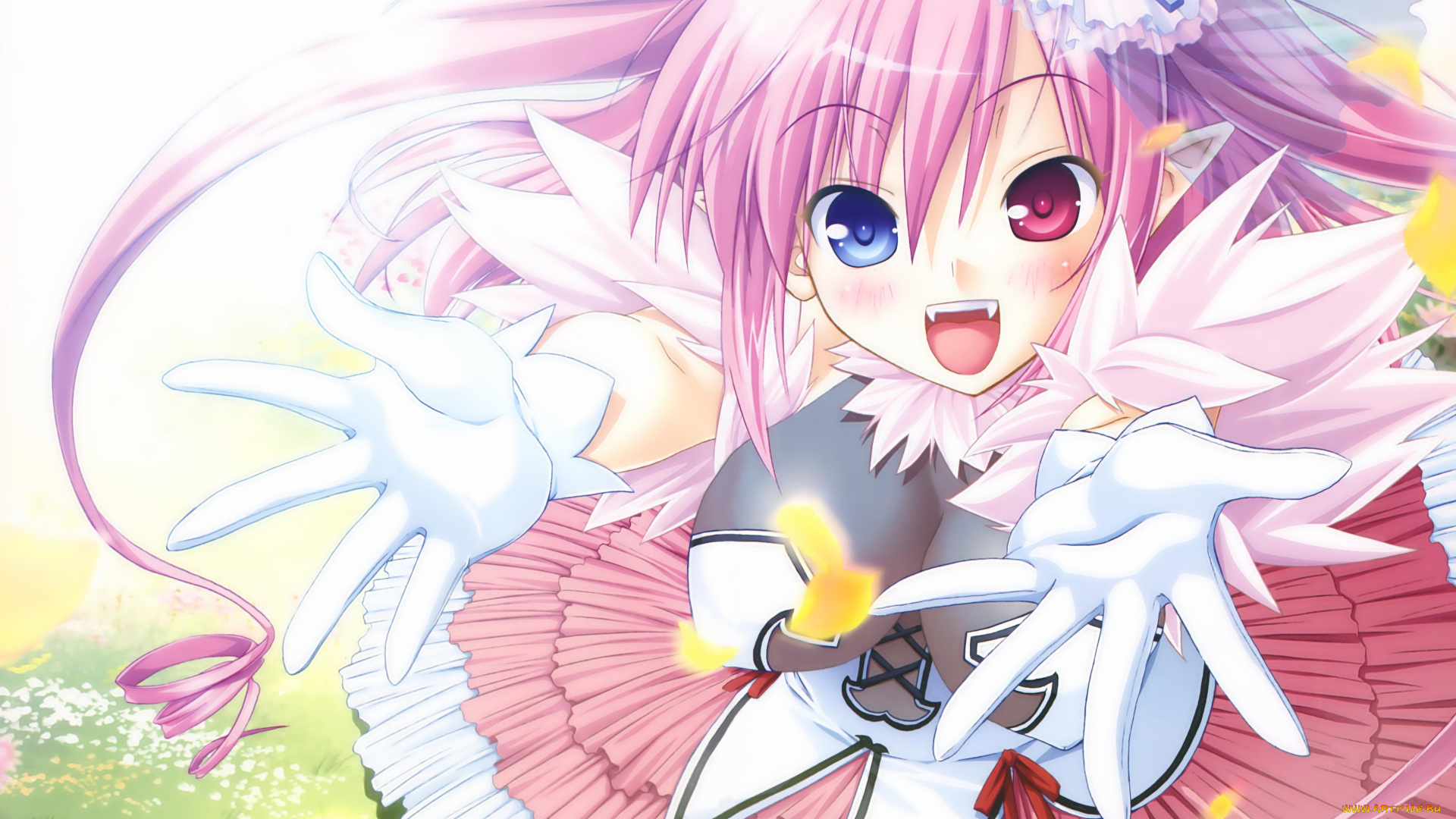 аниме, chu&, 215, chu, цветы, лепестки, поляна, счастье, девушка, радость