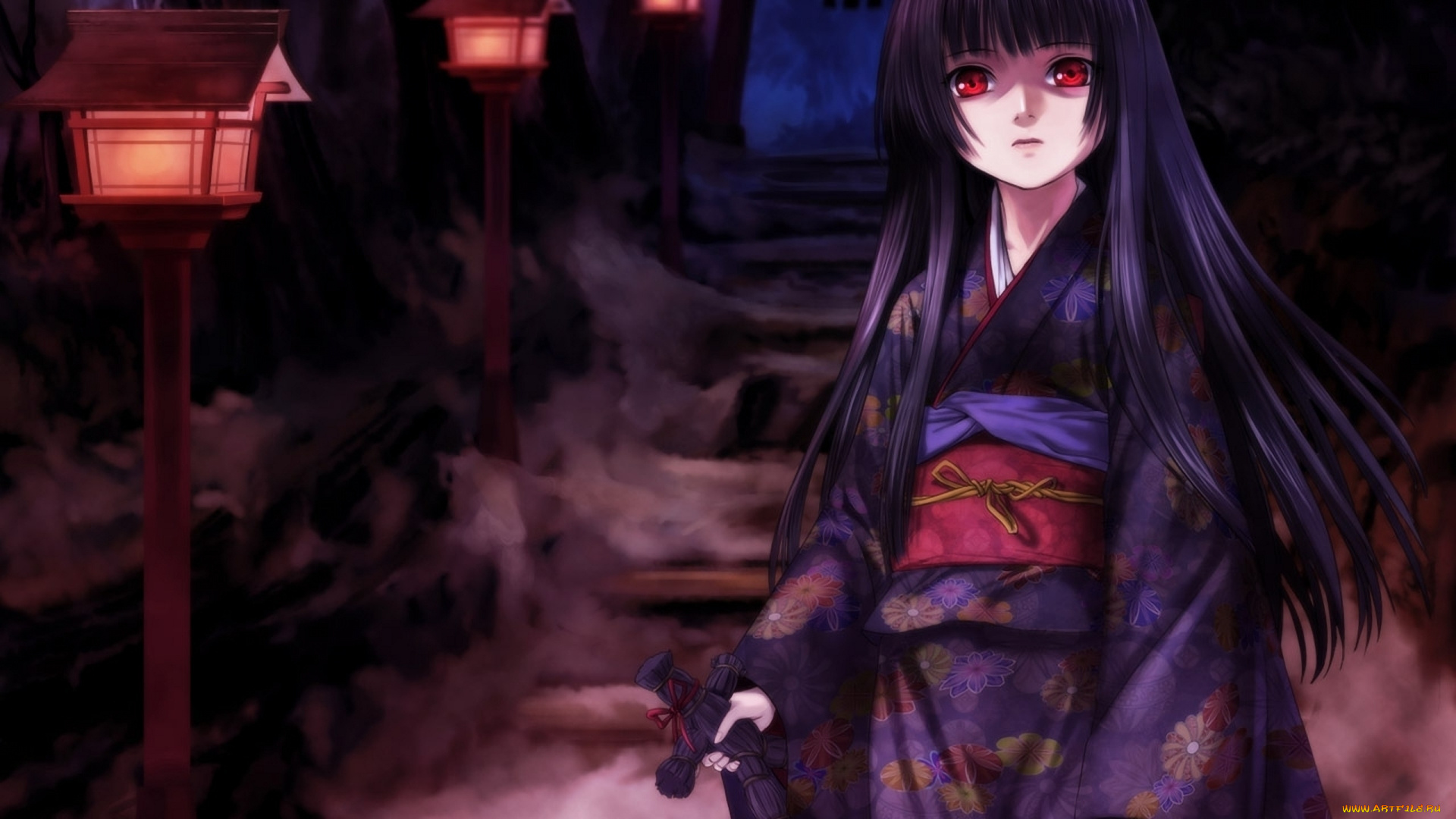 аниме, jigoku, shoujo, ночь, фонари, адская, девочка, enma, ai, лестница