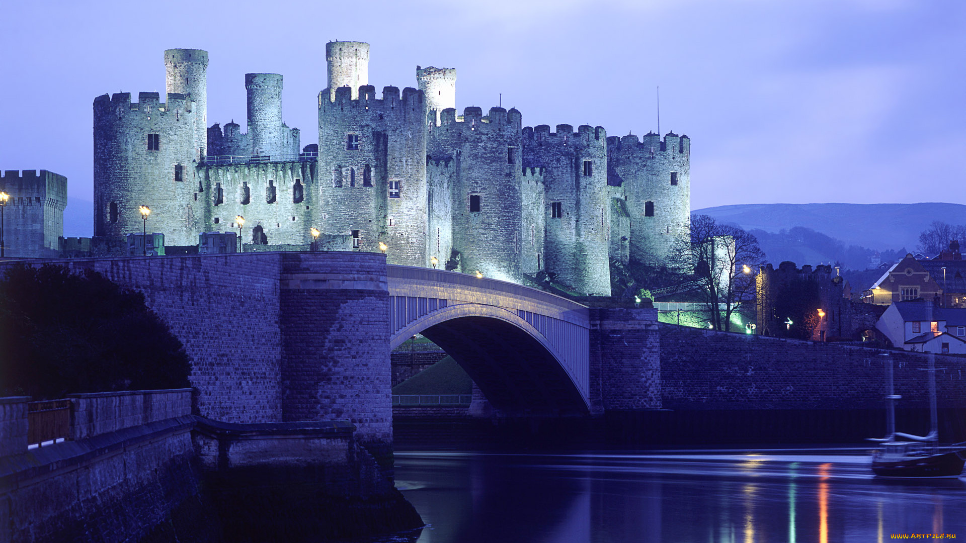 города, дворцы, замки, крепости, река, мост, замок, вечер, огни