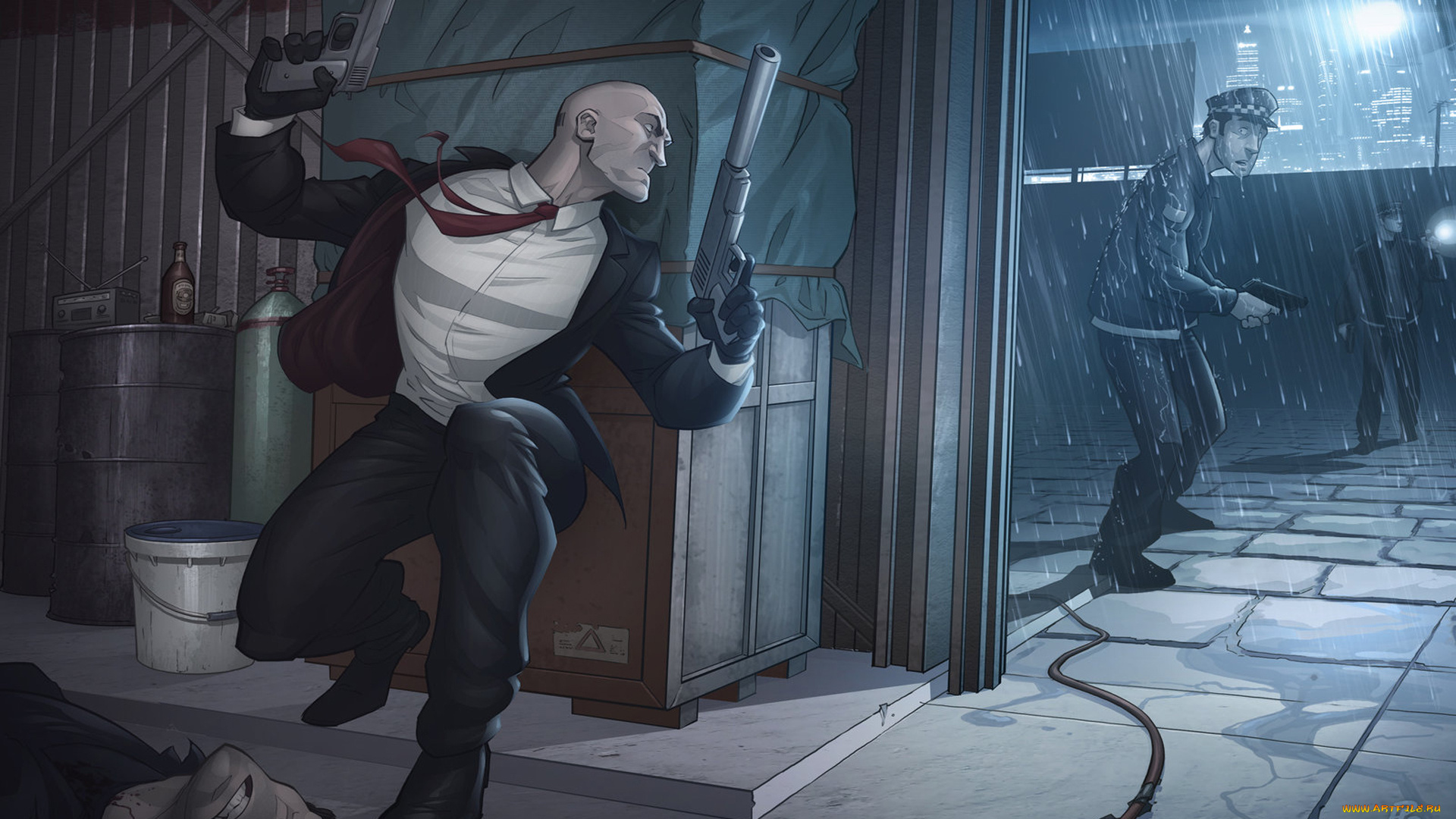 видео, игры, hitman, absolution, дождь, пистолеты, киллер, полиция
