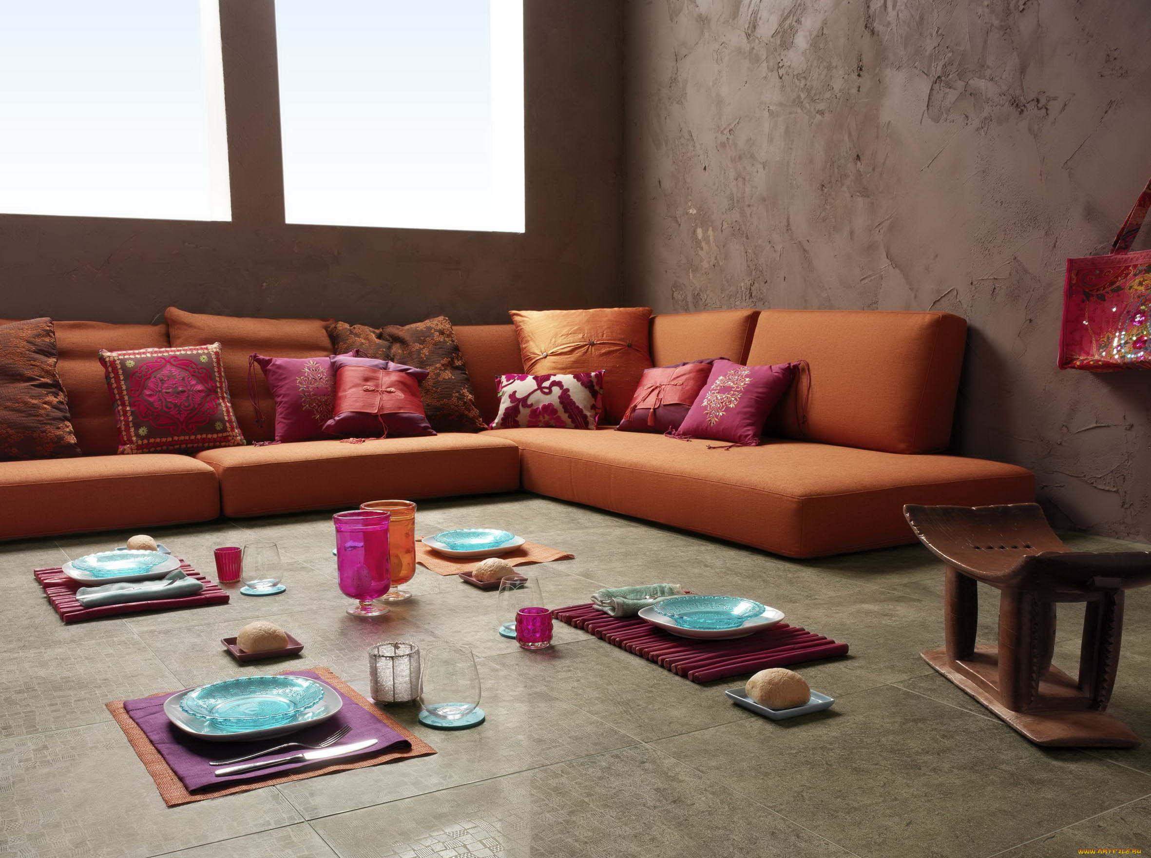 интерьер, гостиная, подушки, комната, дизайн