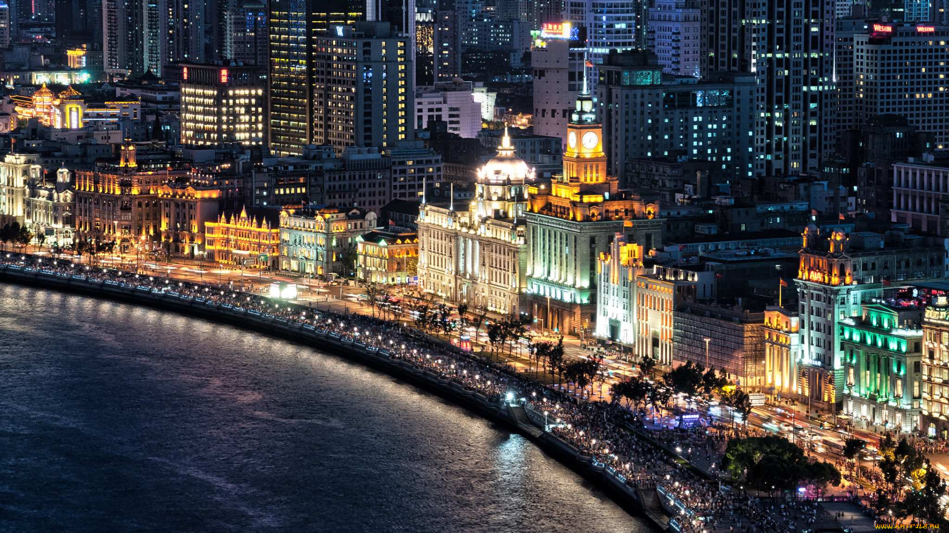 города, шанхай, китай, река, здания, панорама