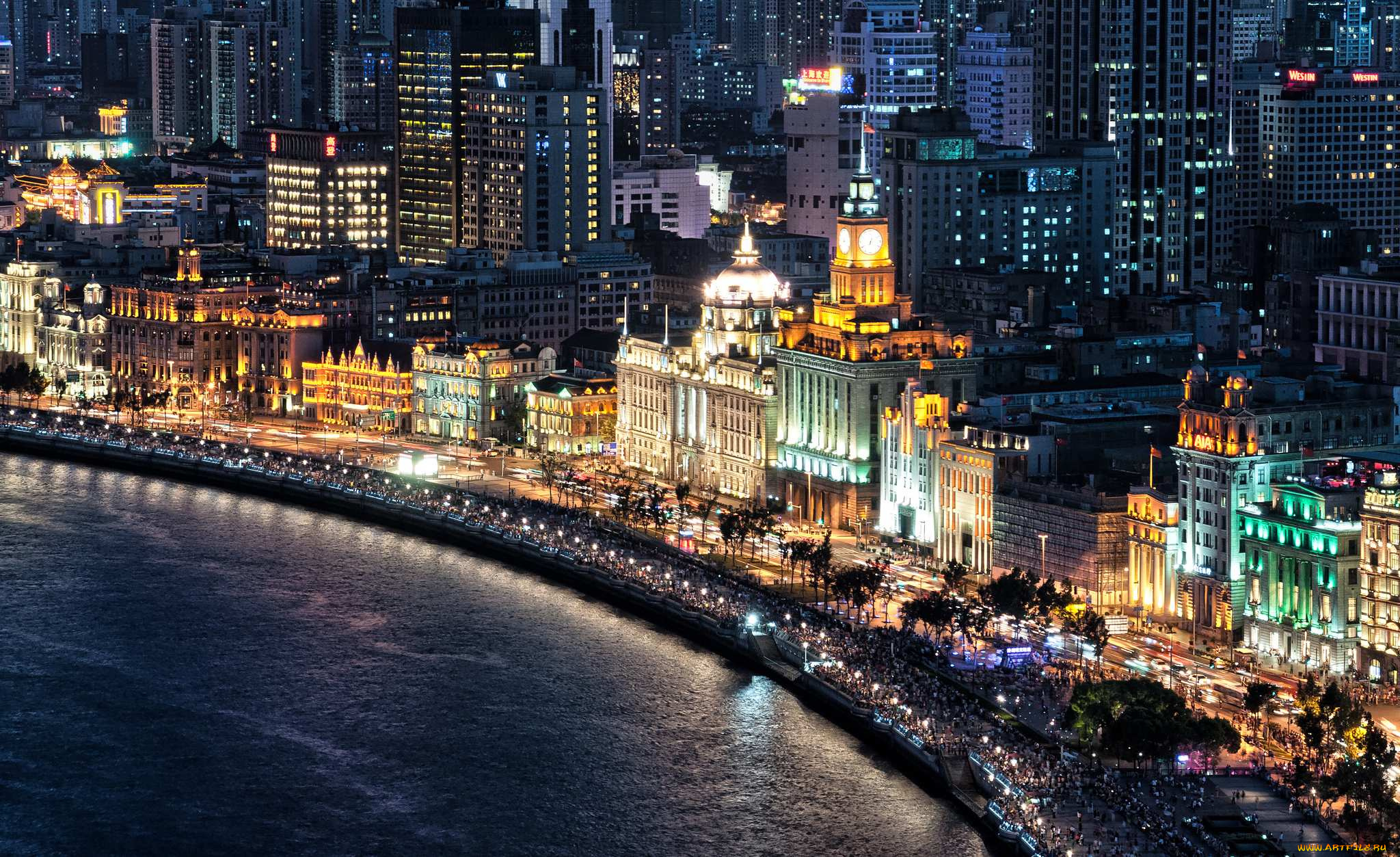 города, шанхай, китай, река, здания, панорама