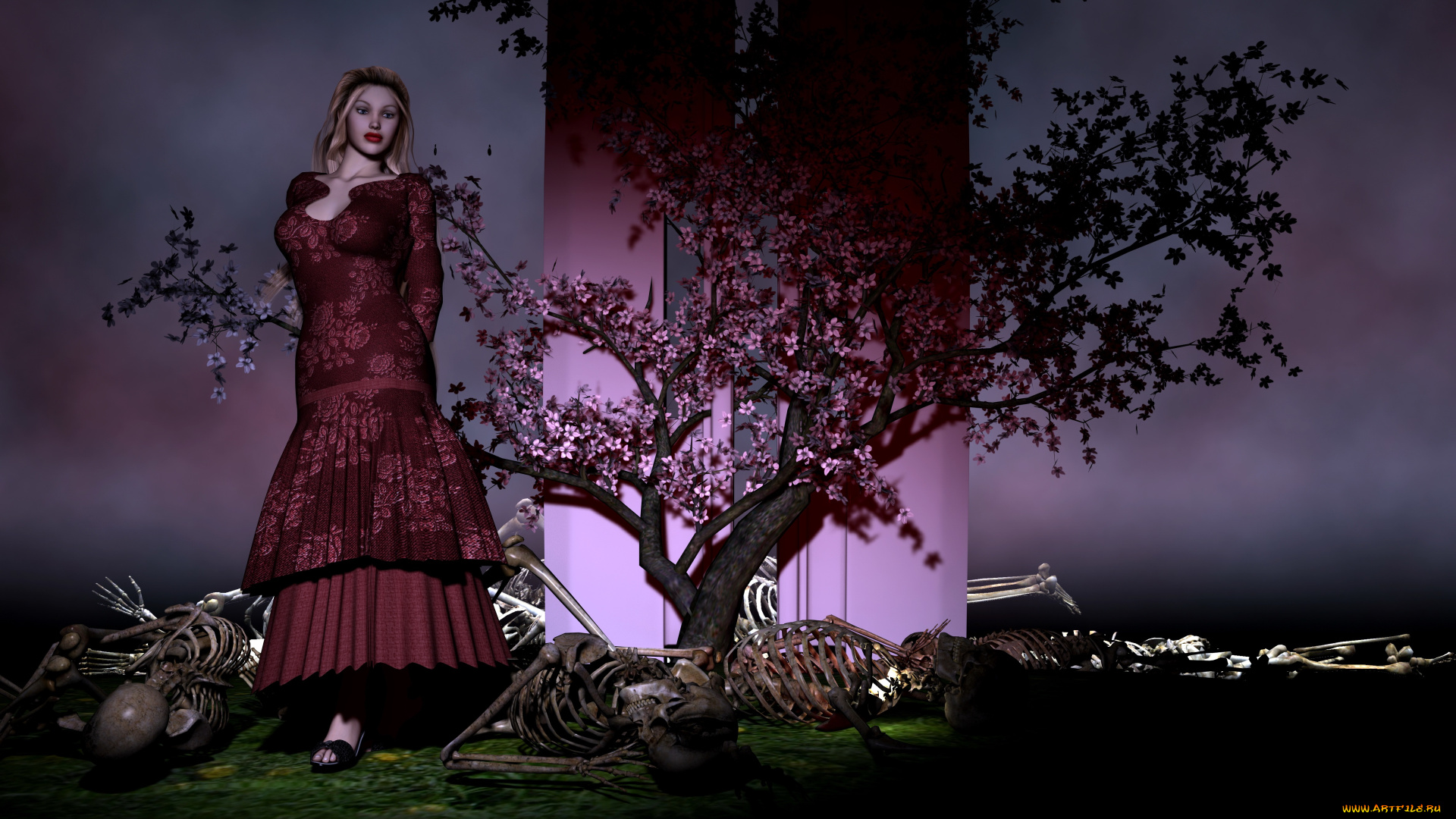 3д, графика, fantasy, , фантазия, скилеты, сакура, взгляд, девушка