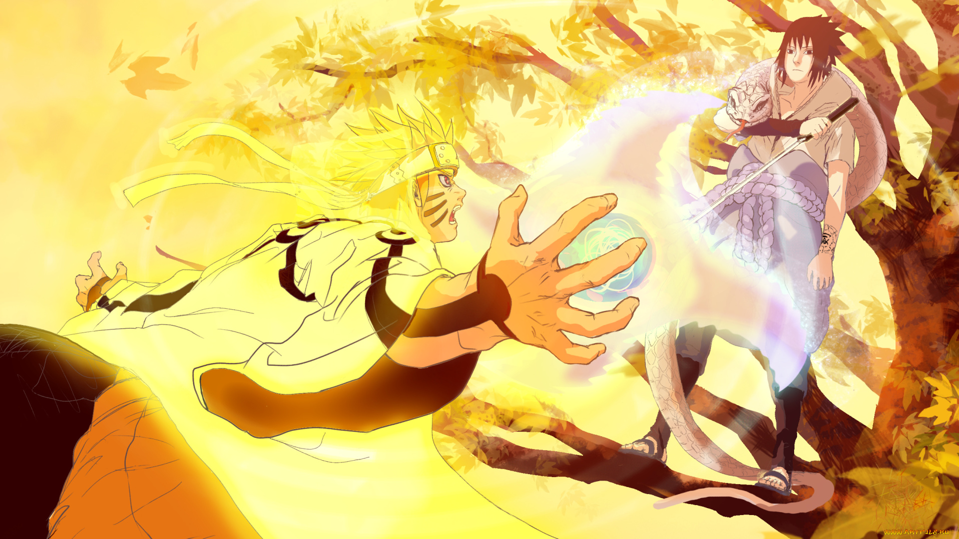 аниме, naruto, наруто, жёлтый, фон, саске, бой, листья, осень