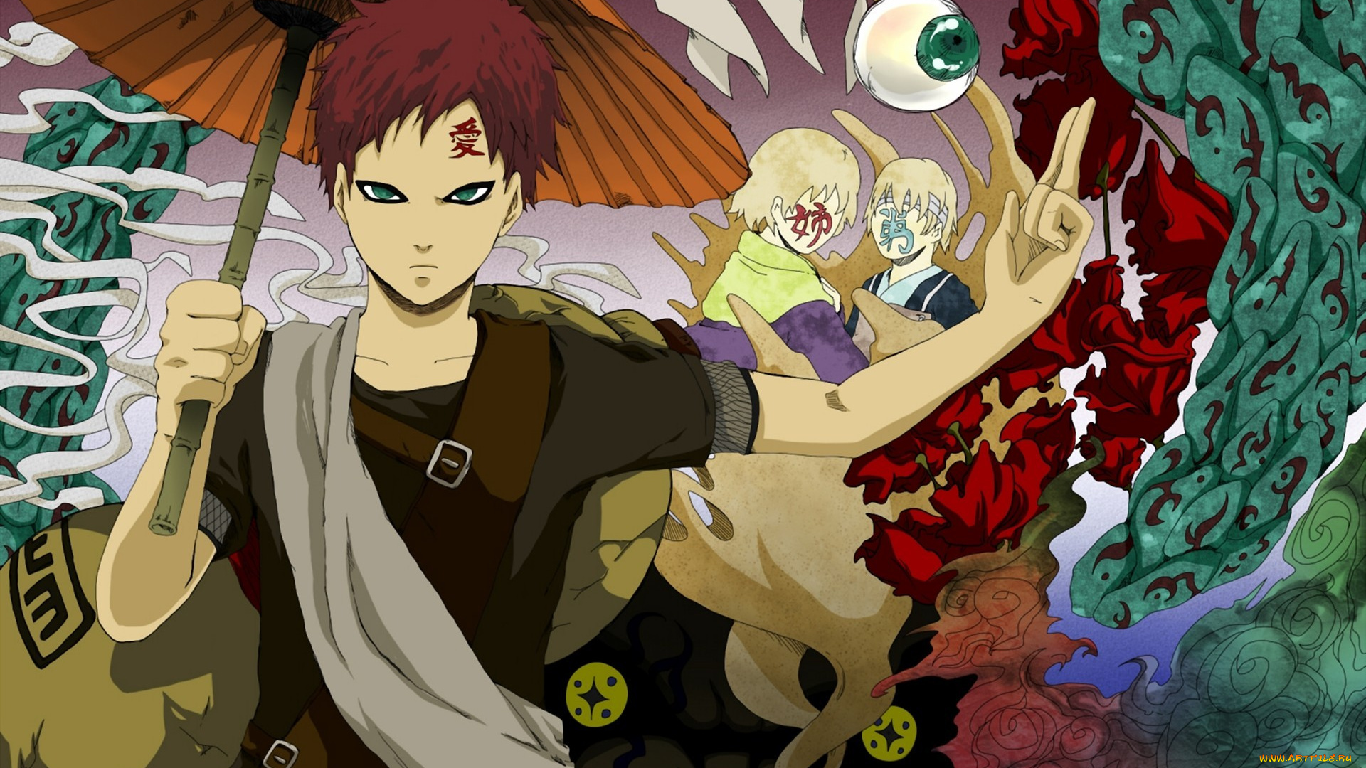 аниме, naruto, рука, взгляд, глаза, песок, гаара