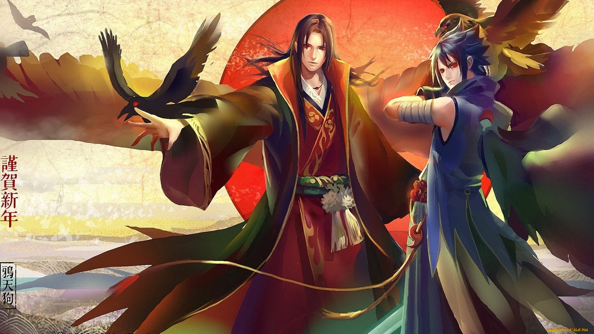 аниме, naruto, саске, птицы, итачи, красота, братья, учиха