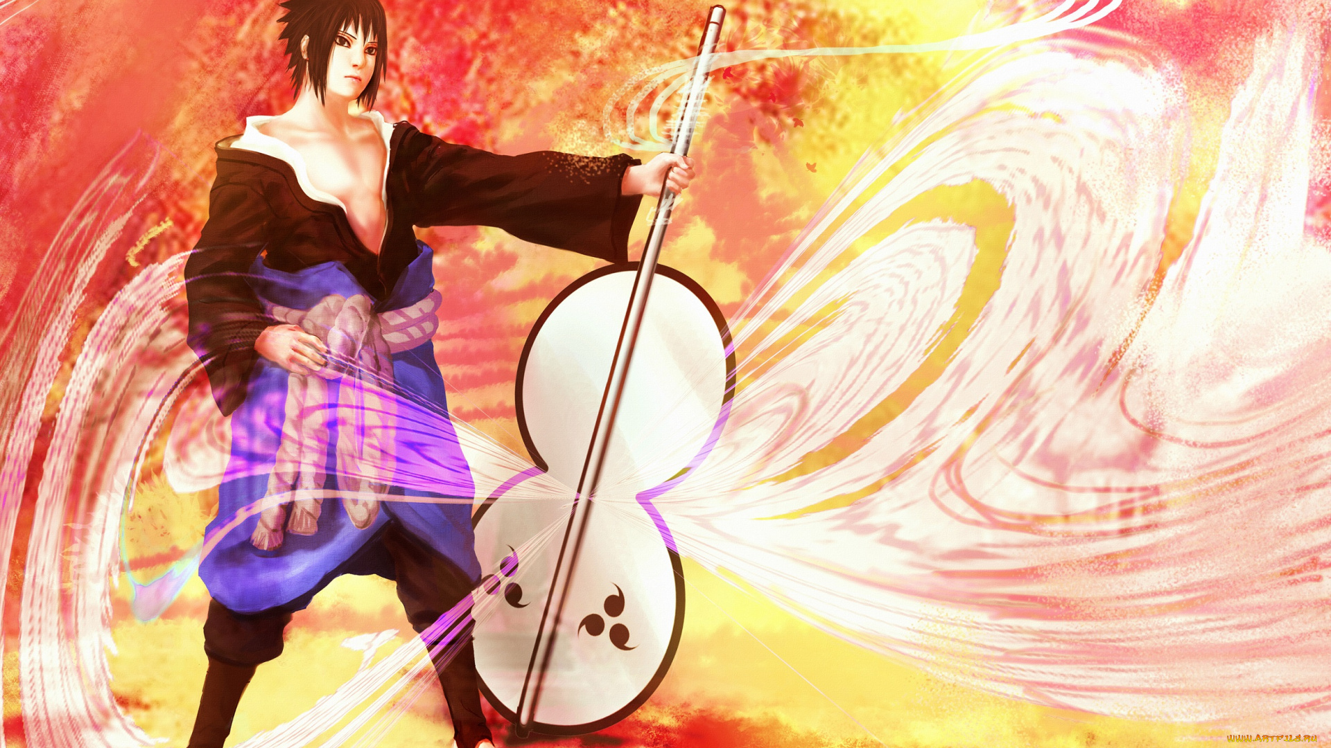 аниме, naruto, жёлтый, фон, оружие, учиха, саске