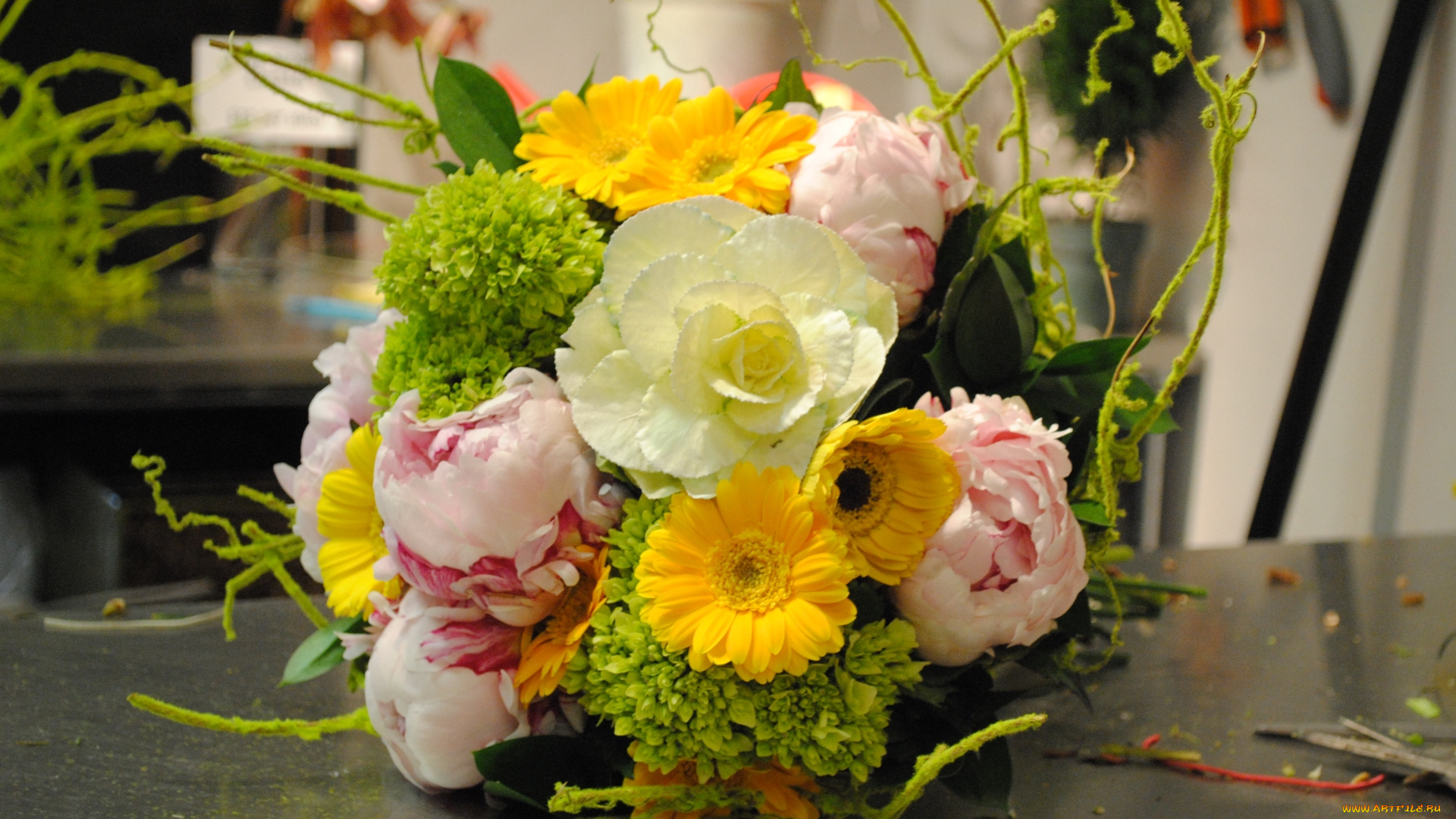 цветы, букеты, , композиции, гербера, пиона, букет