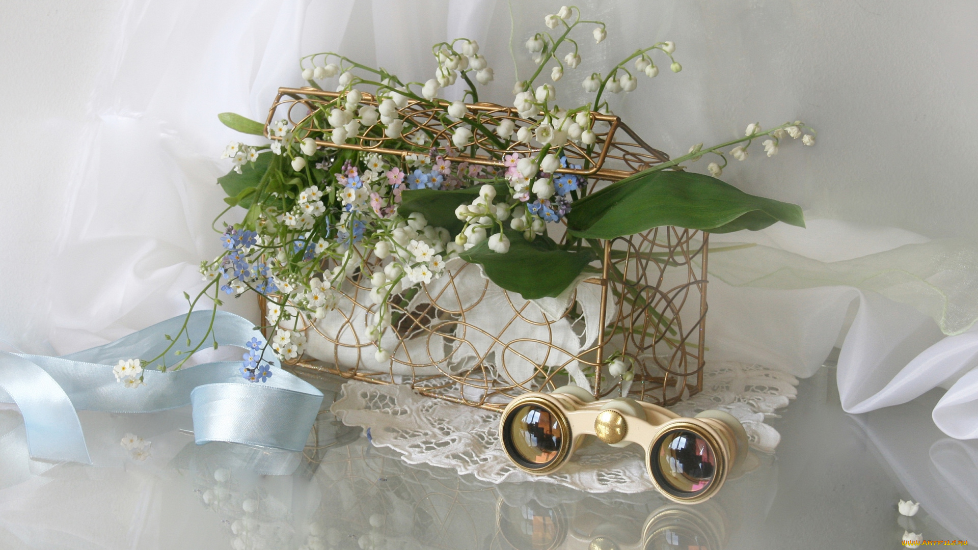 цветы, разные, вместе, незабудки, бинокль, ландыши