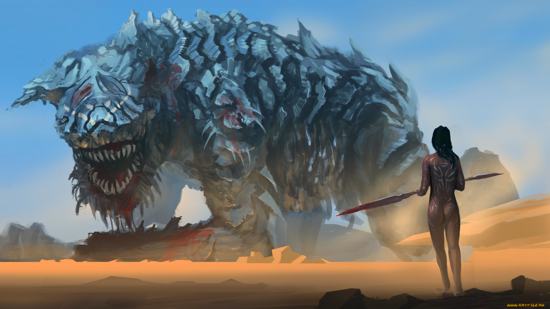 фэнтези, красавицы, и, чудовища, девушка, дикарь, копье, монстр, чудовище