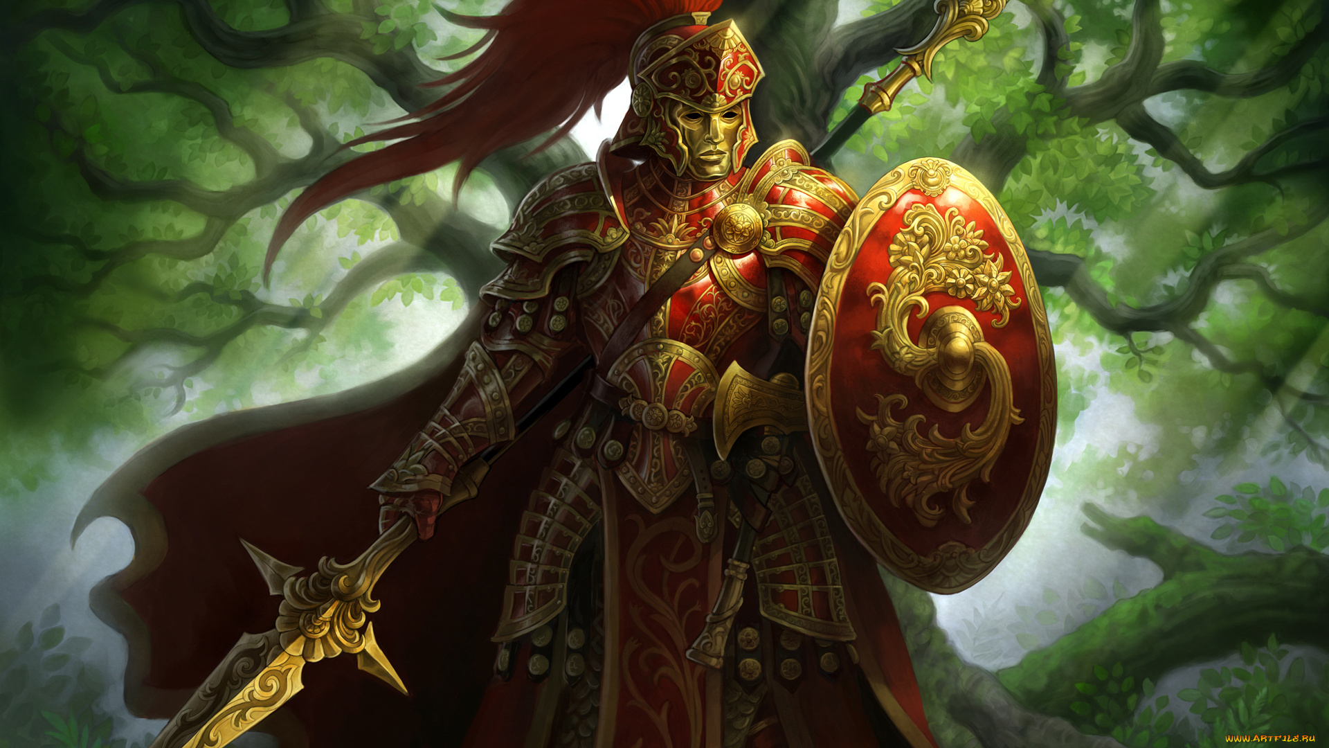 фэнтези, люди, доспехи, маска, лес, копье, щит, воин