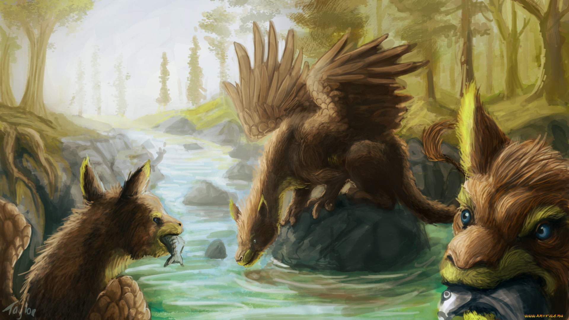 фэнтези, существа, река, крылатые, рыба, ловля