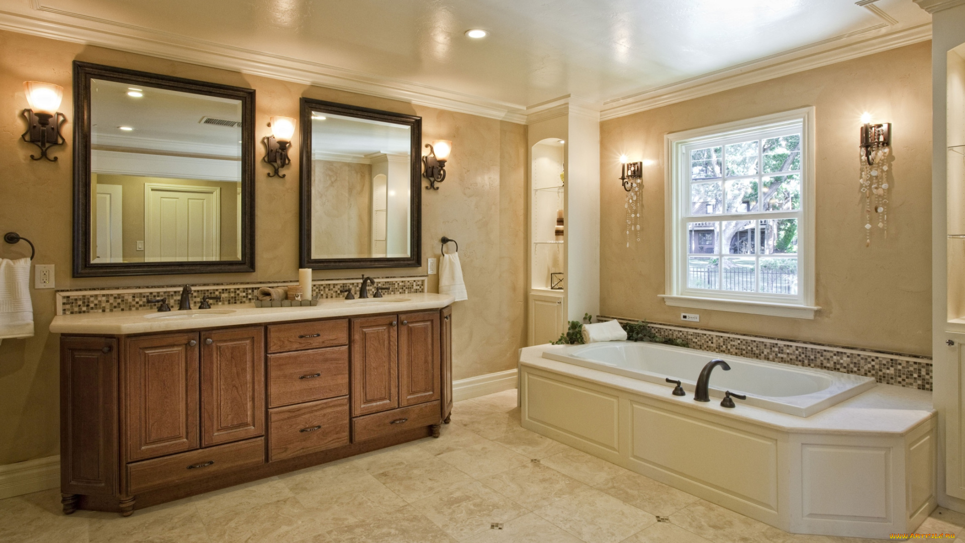 интерьер, ванная, и, туалетная, комнаты, ванна, зеркала