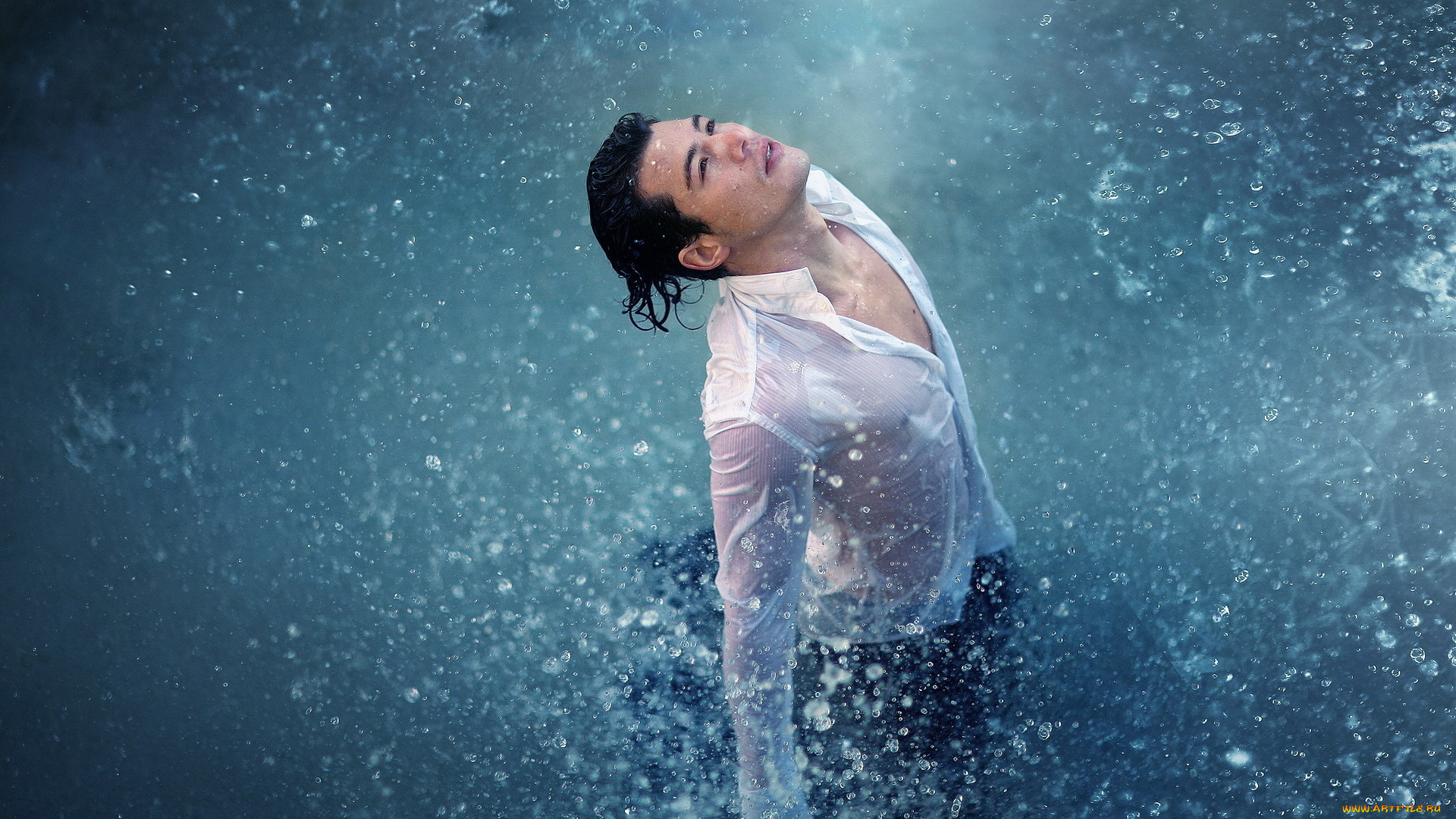 мужчины, -, unsort, рубашка, мокрый, вода, мужчина, брызги, tony, thich