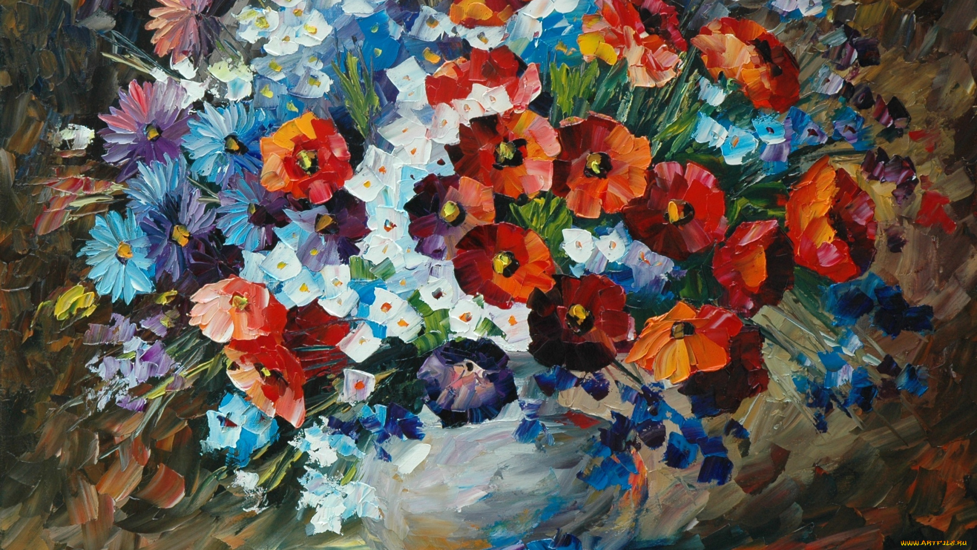 рисованные, leonid, afremov, ваза, лепестки, leonid, afremov, цветы, букет