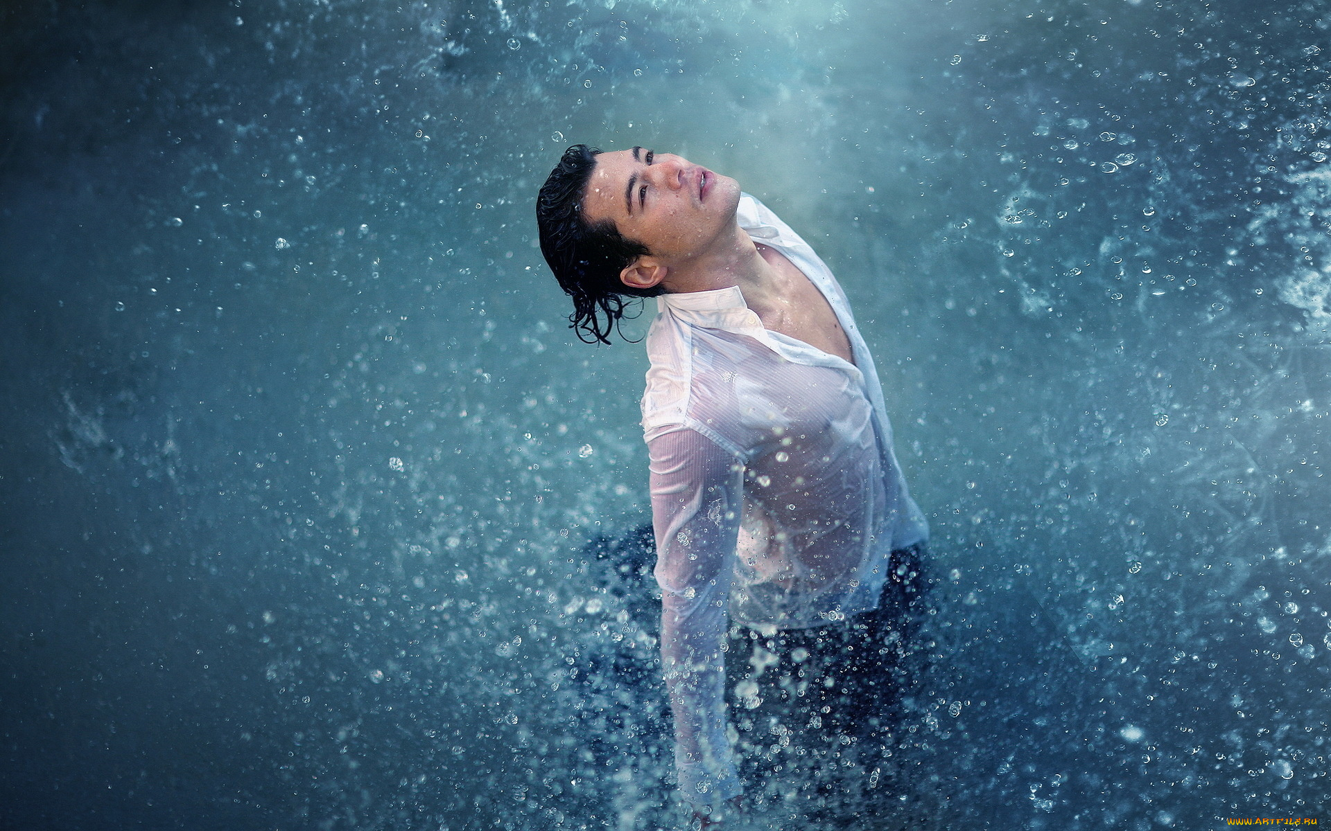 мужчины, -, unsort, рубашка, мокрый, вода, мужчина, брызги, tony, thich